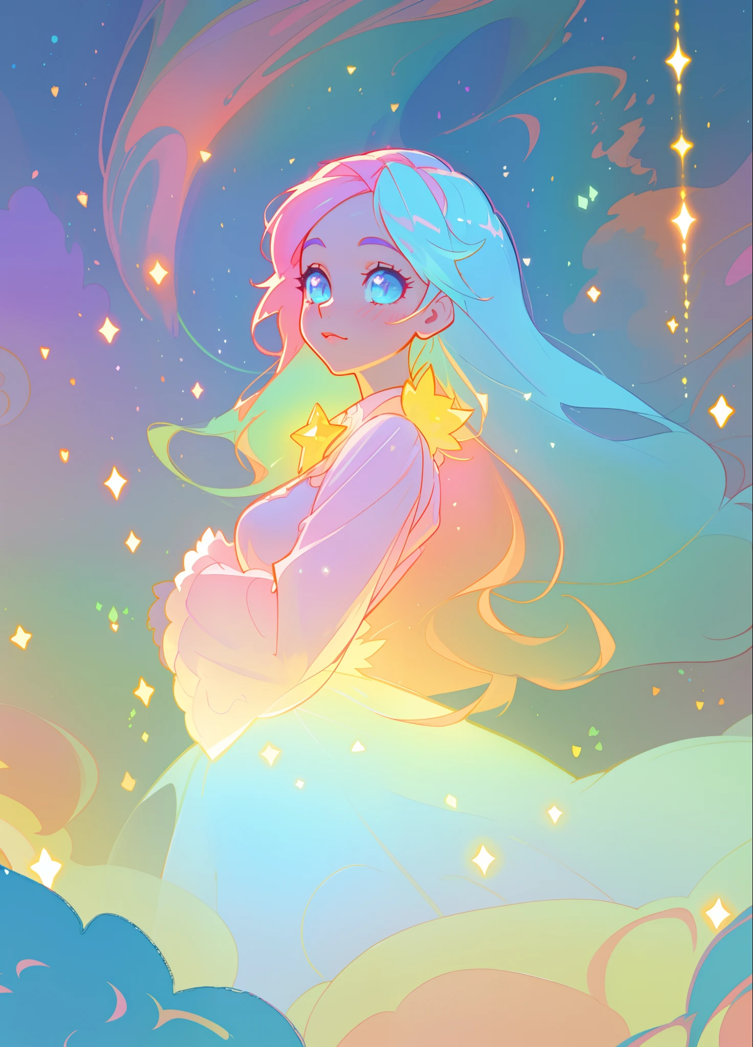 beautiful girl, tiered layered ballgown with puffy long sleeves, magical forest, vibrant pastel colors, (colorful), glowing golden long hair, magical lights, sparkling magical liquid, inspired by Glen Keane, inspired by Lois van Baarle, disney art style, by Lois van Baarle, glowing aura around her, by Glen Keane, jen bartel, glowing lights! digital painting, flowing glowing hair, glowing flowing hair, beautiful digital illustration, fantasia background, whimsical, magical, fantasy, ((beautiful face)), ((masterpiece, best quality)), intricate details, highly detailed, sharp focus, 8k resolution, sparkling detailed eyes, liquid watercolor