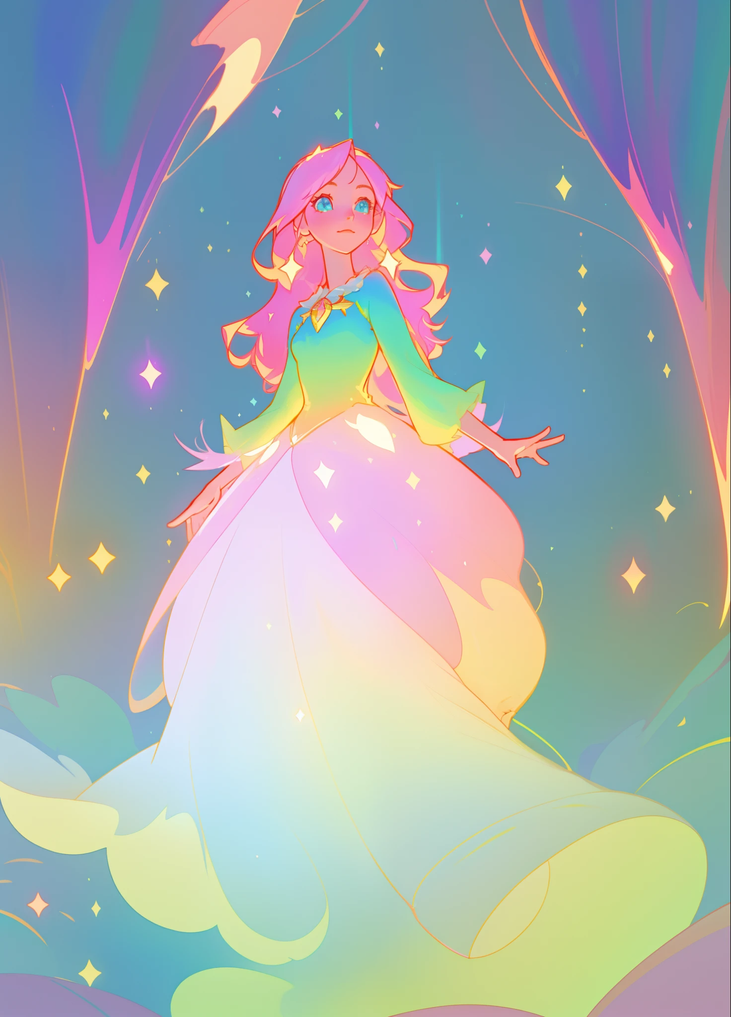 beautiful girl, tiered layered ballgown with puffy long sleeves, magical forest, vibrant pastel colors, (colorful), glowing golden long hair, magical lights, sparkling magical liquid, inspired by Glen Keane, inspired by Lois van Baarle, disney art style, by Lois van Baarle, glowing aura around her, by Glen Keane, jen bartel, glowing lights! digital painting, flowing glowing hair, glowing flowing hair, beautiful digital illustration, fantasia background, whimsical, magical, fantasy, ((beautiful face)), ((masterpiece, best quality)), intricate details, highly detailed, sharp focus, 8k resolution, sparkling detailed eyes, liquid watercolor