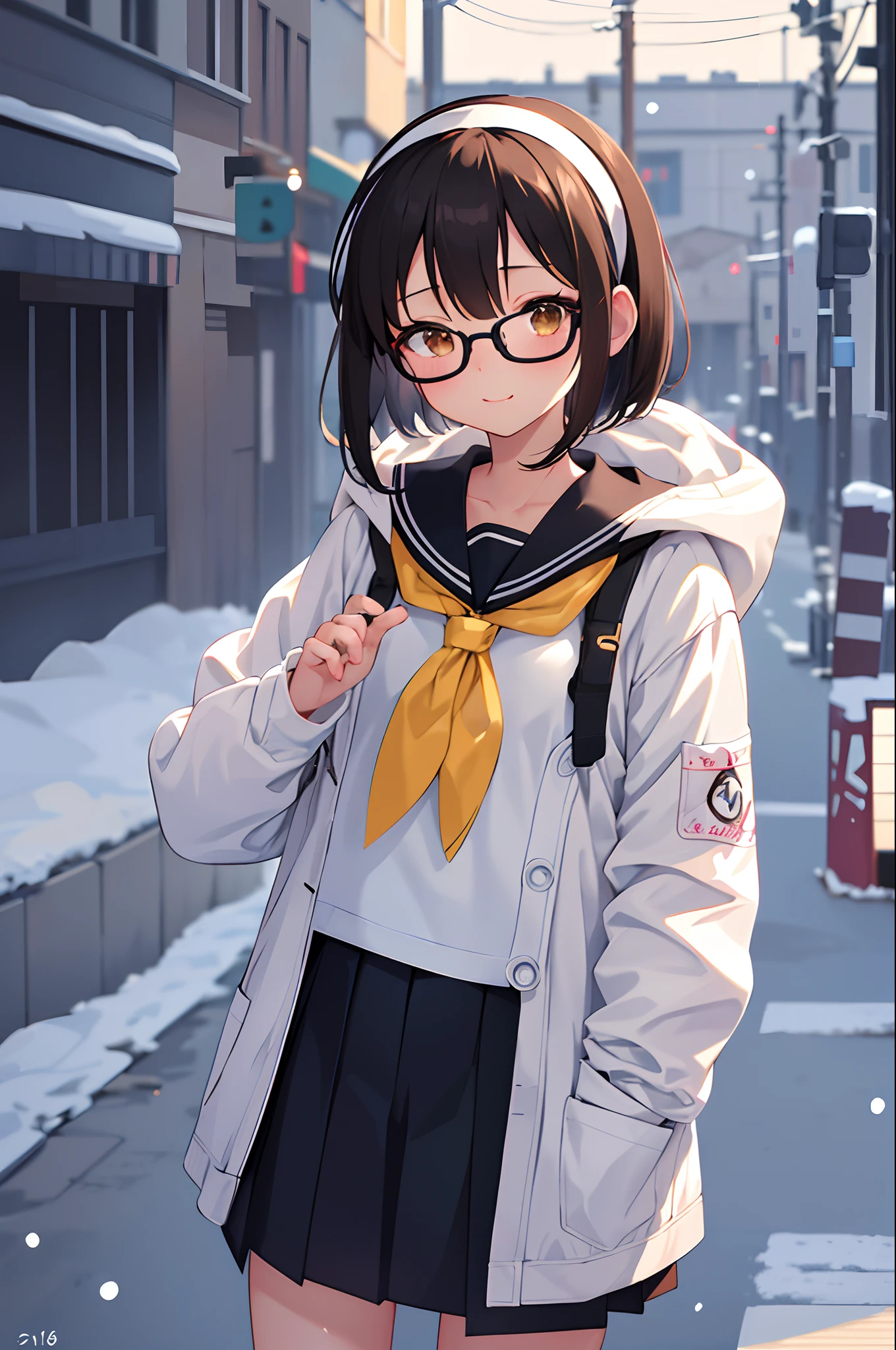 (masutepiece, Best Quality, Capture super cute moments, depth of fields, ultra-detailliert, Ultra High Resolution, C4D, Octadale, 3D Modeling, 8K, 16 K, one girls,a junior high school student, small tits,A dark-haired,short-hair,straight haired,Light brown eyes,Break the white headband,wearing black glasses,Cute face), Winter sailor suit、coat、It's snowing、street