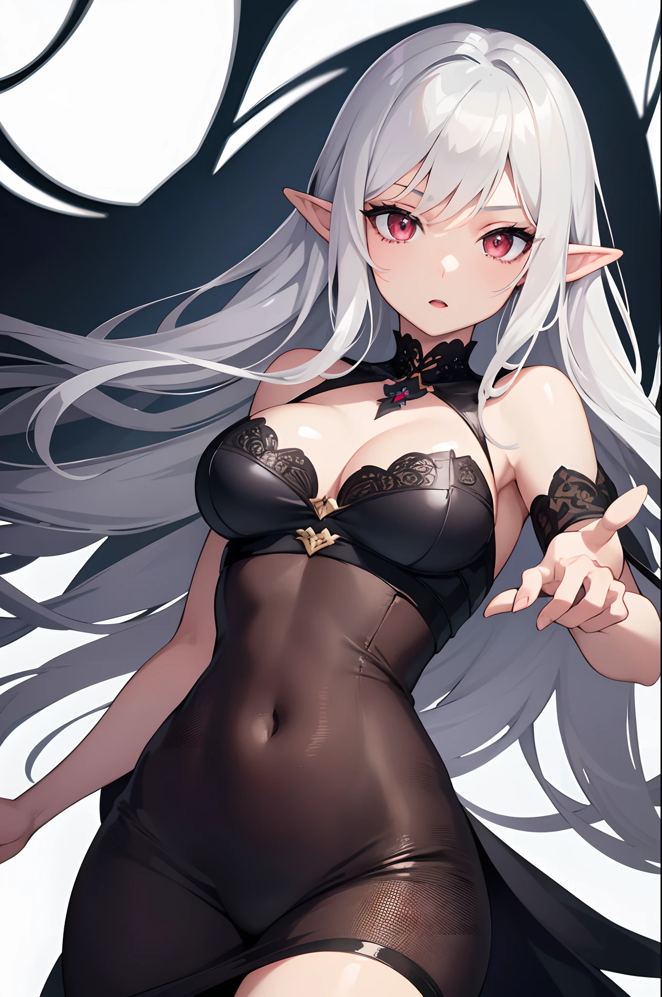 1girl, anime, cute girl, elf, blank background, white background, fantasy, detailed dark fantasy dress with highlights, beautiful face, beautiful eyes, dark colors, medium breasts, slight cleavage, beautiful skin, cute, silver hair, red eyes, breast curtains, extremely delicate and beautiful, (beautiful detailed face:1.0), (detailed deep eyes), symmetrical breasts, deep eyes, shiny skin, portrait, slender waist, hips wider than shoulders, thighs, young girl