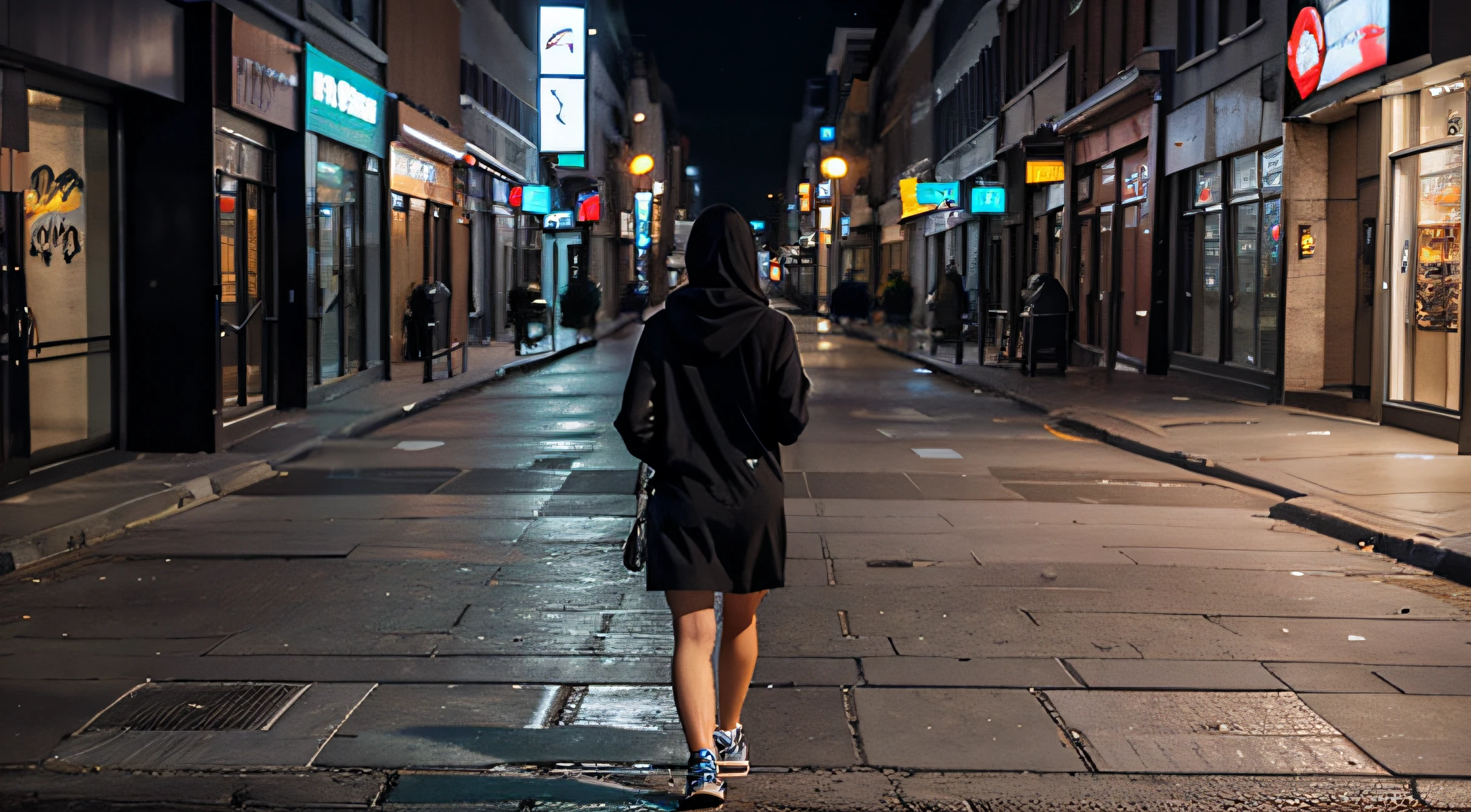 american woman in a hoodie walking alone in a big street's pavement with no people at night