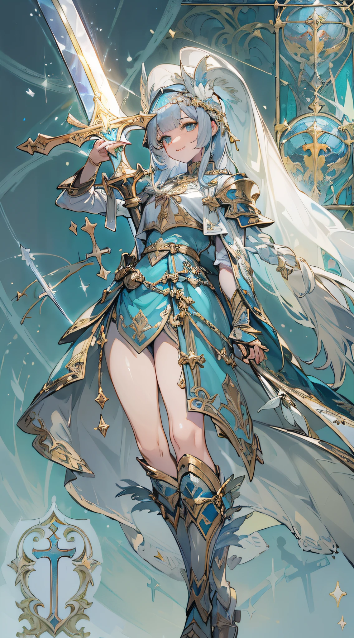 (Official art、Best Quality、Unity 8k Wallpapers、32K、​masterpiece、ultra-detailliert、超A high resolution、realisitic、Photorealsitic、Very ridiculous:1.2)、(Cinematic lighting:1.2)、Fireglow effect、film grains、Best Shadows、Rim lighting、side lights、(Ultra-detailed and complex 3D rendering)、Detailed beautiful face and eyes、Sharp pupils、Realistic pupils、A slender、１Man Woman、Medium bust、(Full body:1.2)、 beauitful face、16-year-old beautiful girl、(super detailed skin、detailed skin textures:1.3)、(silver blond、Blue-silver hair:1.3)、Paladin、Longhaire、Blunt bangs、Green eyes、3 braids in 1 bunch、(Blue Armor、Blue Boots、Blue helmet、Jeweled、Gold embroidery)、A slender、Maxi skirt、(thighs thighs thighs thighs:0.8)、(chies、in a house、Artistic stained glass、Large pipe organ、crosses、Hello Point、Mystical、a lot of feathers float、angelicales、Particles of light、solemnity、Sunlight is、colourfull、Fantastical:1.2)、(Fantastical:1.3)、(Holding the Holy Sword:1.4)、Fantastical、Smiling smile