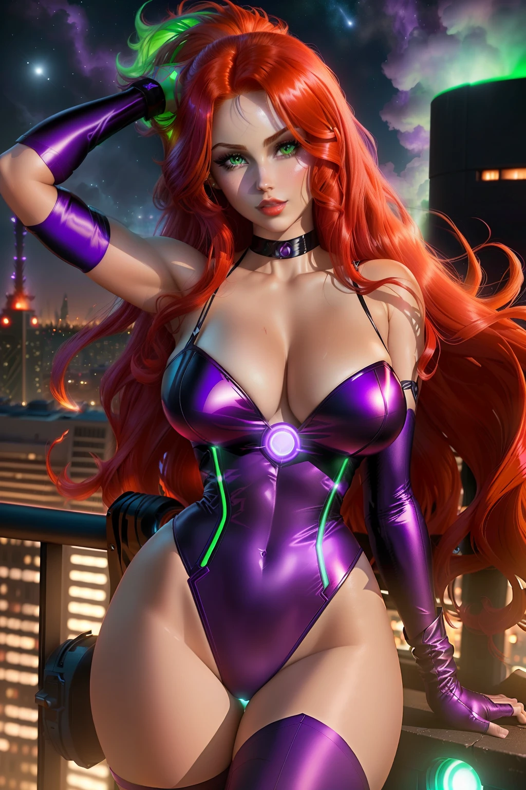((Starfire from D.C comic series)) (beautiful face)(eyes emit green glow)(red lips) ((very long redhead messy hairstyle with side bangs)) ((hair emit with fire and light glow)) ((very huge breasts) (perfect slim body) (wears purple and silver bodysuit, purple long stocking)) ((gloves, choker)) ((hands emit green energy glow)) (posing sexy on skycrapper rooftop at night)),(high definition, amazing lights and shadows) ((masterpiece)) (8k) (perfect face) (best quality) (perfect hands, eyes, and face) ((energy power floating around))