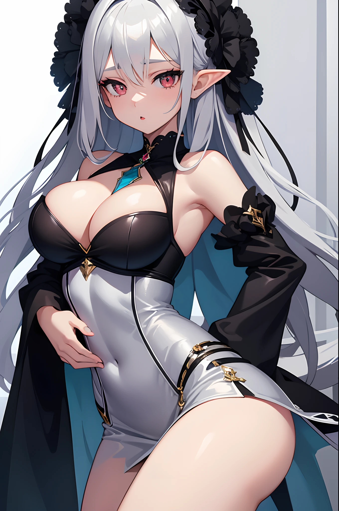 1girl, anime, cute girl, elf, blank background, white background, fantasy, detailed dark fantasy dress with highlights, beautiful face, beautiful eyes, dark colors, medium breasts, slight cleavage, beautiful skin, cute, silver hair, red eyes, breast curtains, extremely delicate and beautiful, (beautiful detailed face:1.0), (detailed deep eyes), symmetrical breasts, deep eyes, shiny skin, portrait, slender waist, hips wider than shoulders, thighs, young girl