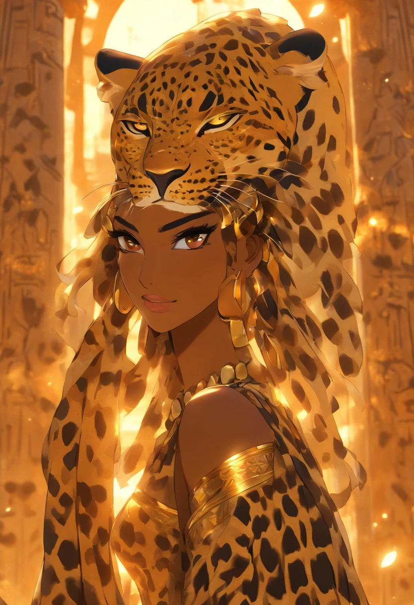 (((Leopard Skin Goddess))) best quality, very high resolution, 4K detailed CG, masterpiece, Egyptian mythology, Seshat, black woman, sun in the background, Ancient Egypt, Egyptian temple, leopard skin, Egyptian clothing , desert, Ancient Egypt, Egyptian mythology, ((leopard skin)), Egyptian palace, aesthetics, beautiful image, centered on screen, standing pose