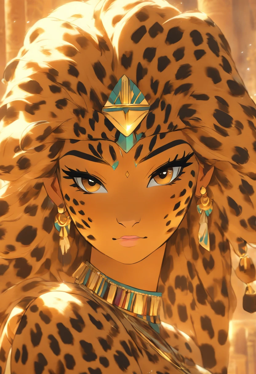 (((Leopard Skin Goddess))) best quality, very high resolution, 4K detailed CG, masterpiece, Egyptian mythology, Seshat, woman, black hair, sun in the background, Ancient Egypt, Egyptian temple, leopard skin, Egyptian clothing, desert, Ancient Egypt, Egyptian mythology, ((leopard skin)), Egyptian palace, aesthetics, beautiful image, centered on the screen, standing pose
