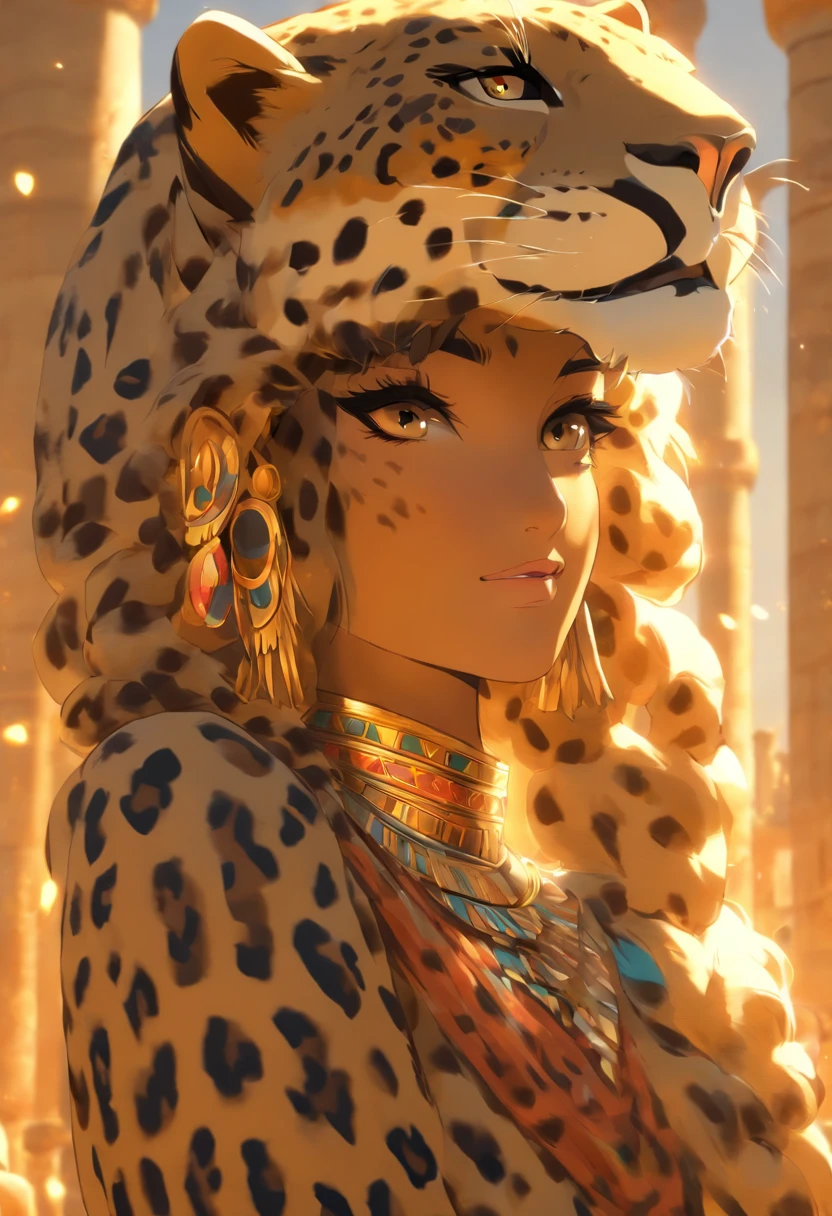 (((Leopard Skin Goddess))) best quality, very high resolution, 4K detailed CG, masterpiece, Egyptian mythology, Seshat, woman, black hair, sun in the background, Ancient Egypt, Egyptian temple, leopard skin, Egyptian clothing, desert, Ancient Egypt, Egyptian mythology, ((leopard skin)), Egyptian palace, aesthetics, beautiful image, centered on the screen, standing pose