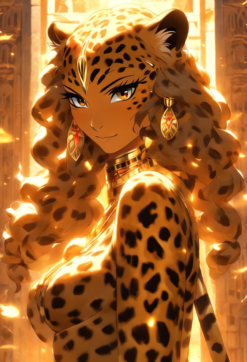 (((Leopard Skin Goddess))) best quality, very high resolution, 4K detailed CG, masterpiece, Egyptian mythology, Seshat, woman, black hair, sun in the background, Ancient Egypt, Egyptian temple, leopard skin, Egyptian clothing, desert, Ancient Egypt, Egyptian mythology, ((leopard skin)), Egyptian palace, aesthetics, beautiful image, centered on the screen, standing pose