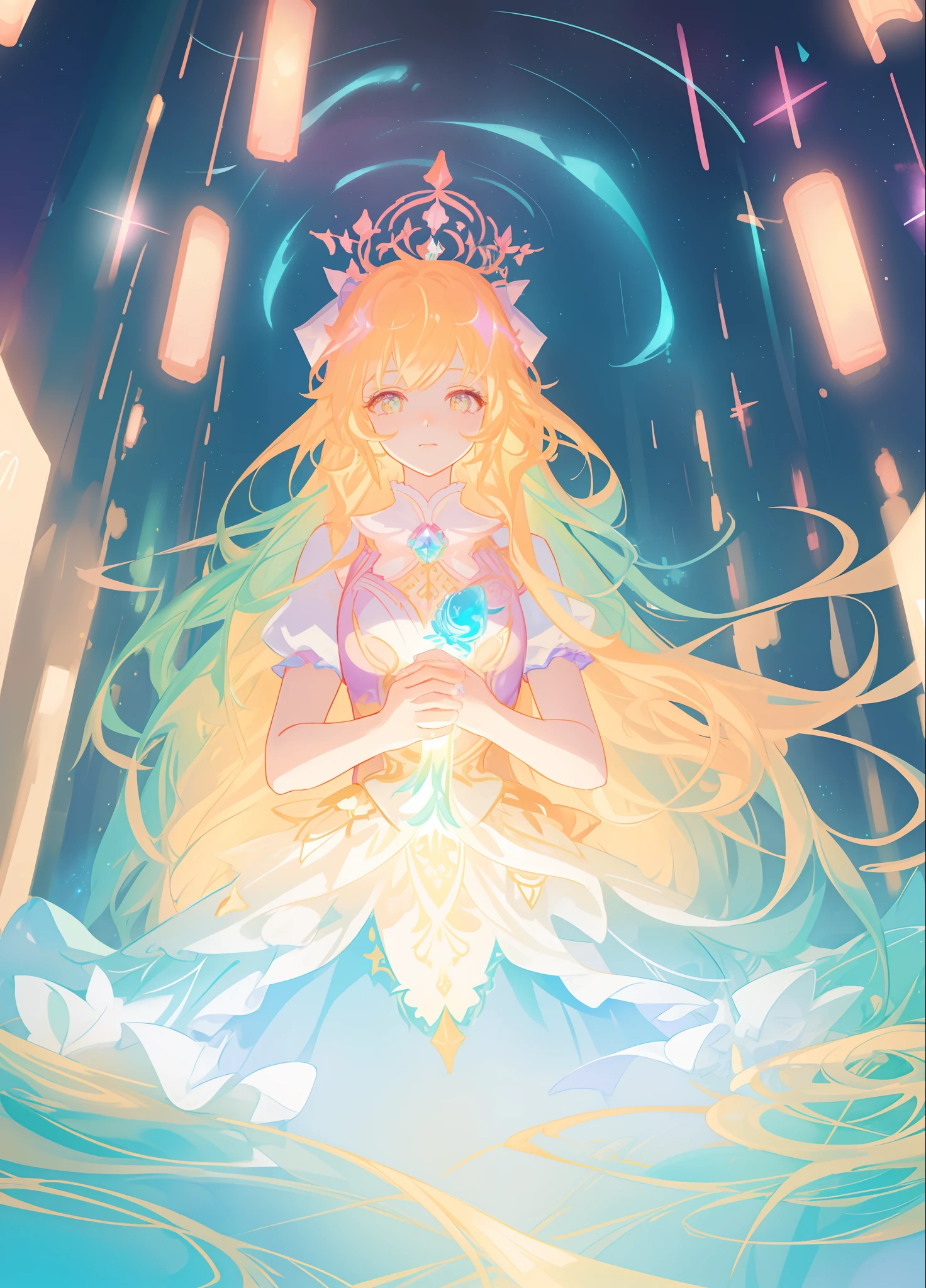 beautiful girl, puffy tiered layered ballgown, magical forest, vibrant pastel colors, (colorful), glowing golden long hair, magical lights, sparkling magical liquid, inspired by Glen Keane, inspired by Lois van Baarle, disney art style, by Lois van Baarle, glowing aura around her, by Glen Keane, jen bartel, glowing lights! digital painting, flowing glowing hair, glowing flowing hair, beautiful digital illustration, fantasia background, whimsical, magical, fantasy, ((beautiful face)), ((masterpiece, best quality)), intricate details, highly detailed, sharp focus, 8k resolution, sparkling detailed eyes, liquid watercolor
