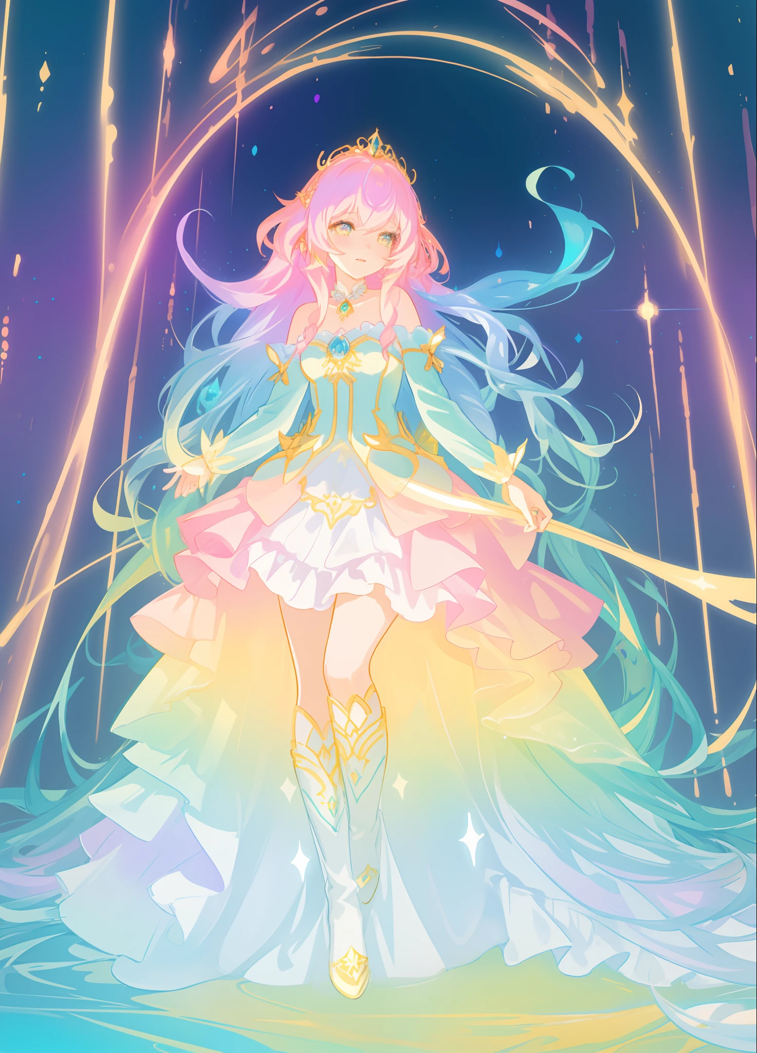 beautiful girl, puffy tiered layered ballgown, magical forest, vibrant pastel colors, (colorful), glowing golden long hair, magical lights, sparkling magical liquid, inspired by Glen Keane, inspired by Lois van Baarle, disney art style, by Lois van Baarle, glowing aura around her, by Glen Keane, jen bartel, glowing lights! digital painting, flowing glowing hair, glowing flowing hair, beautiful digital illustration, fantasia background, whimsical, magical, fantasy, ((beautiful face)), ((masterpiece, best quality)), intricate details, highly detailed, sharp focus, 8k resolution, sparkling detailed eyes, liquid watercolor