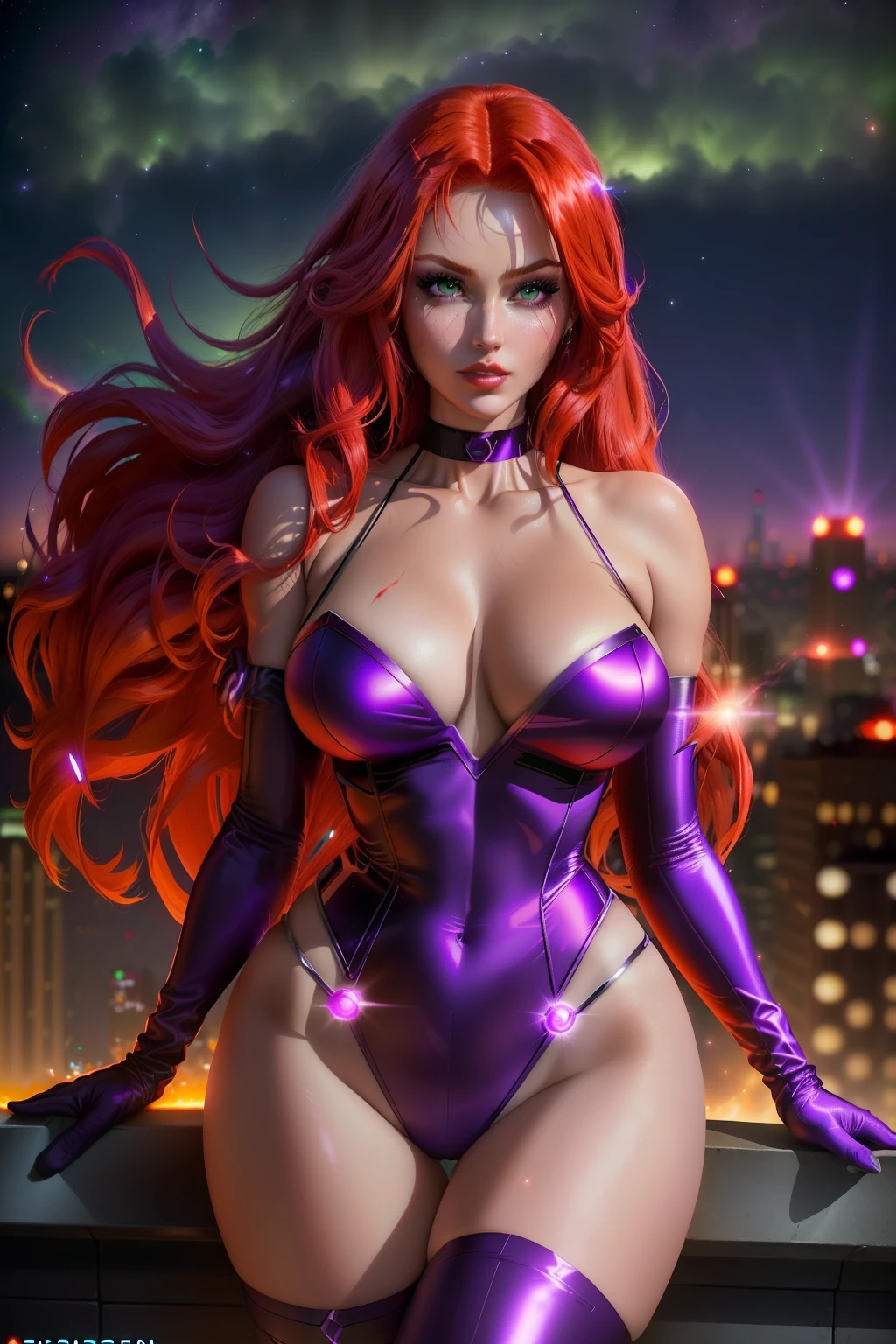 ((Starfire from D.C comic series)) (beautiful face)(eyes emit green glow)(red lips) ((very long redhead messy hairstyle with side bangs)) ((hair emit fire and light glow, fire particles, light particles)) ((very huge breasts) (perfect slim body) (wears purple and silver bodysuit, purple long stocking)) ((gloves, choker)) ((hands emit green glow)) (posing sexy on skycrapper rooftop at night)),(high definition, amazing lights and shadows) ((masterpiece)) (8k) (perfect face) (best quality) (perfect hands, eyes, and face) ((energy power floating around))