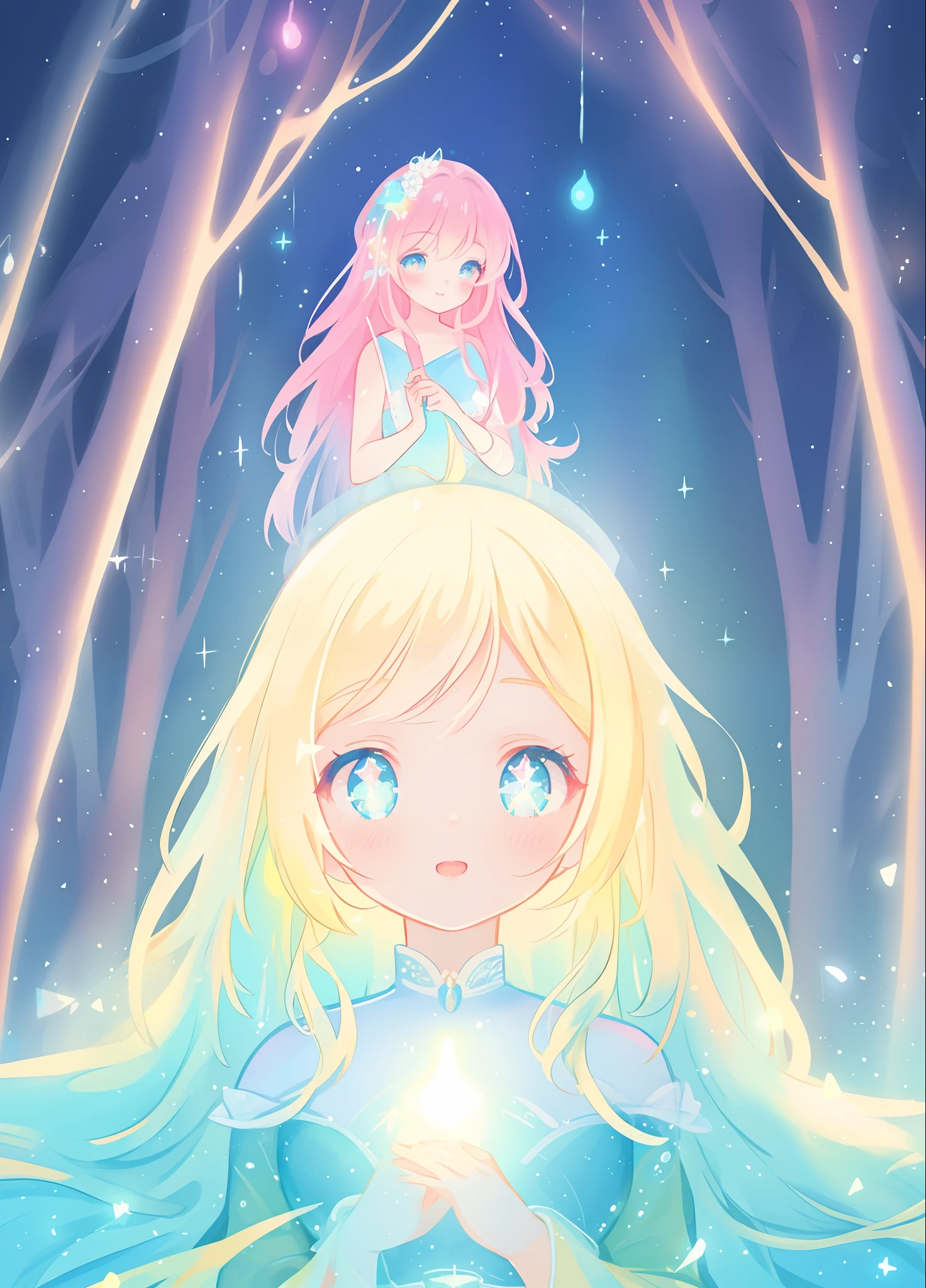 beautiful girl, puffy tiered layered ballgown, magical forest, vibrant pastel colors, (colorful), glowing golden long hair, magical lights, sparkling magical liquid, inspired by Glen Keane, inspired by Lois van Baarle, disney art style, by Lois van Baarle, glowing aura around her, by Glen Keane, jen bartel, glowing lights! digital painting, flowing glowing hair, glowing flowing hair, beautiful digital illustration, fantasia background, whimsical, magical, fantasy, ((beautiful face)), ((masterpiece, best quality)), intricate details, highly detailed, sharp focus, 8k resolution, sparkling detailed eyes, liquid watercolor
