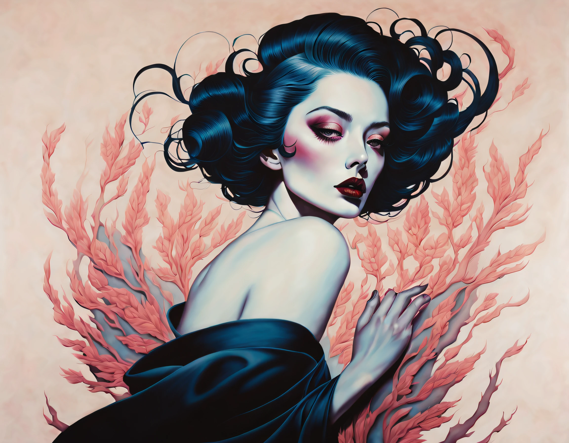chiaroscuro technique on sensual illustration of an elegant woman, vintage horror, eerie, matte painting, by Hannah Dale, by Harumi Hironaka, extremely soft colors, vibrant, highly detailed, digital artwork, high contrast, dramatic, refined, tonal,