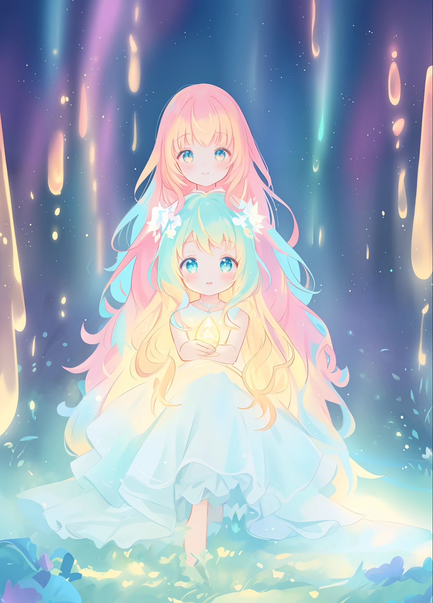 beautiful girl, puffy tiered layered ballgown, magical forest, vibrant pastel colors, (colorful), glowing golden long hair, magical lights, sparkling magical liquid, inspired by Glen Keane, inspired by Lois van Baarle, disney art style, by Lois van Baarle, glowing aura around her, by Glen Keane, jen bartel, glowing lights! digital painting, flowing glowing hair, glowing flowing hair, beautiful digital illustration, fantasia background, whimsical, magical, fantasy, ((beautiful face)), ((masterpiece, best quality)), intricate details, highly detailed, sharp focus, 8k resolution, sparkling detailed eyes, liquid watercolor