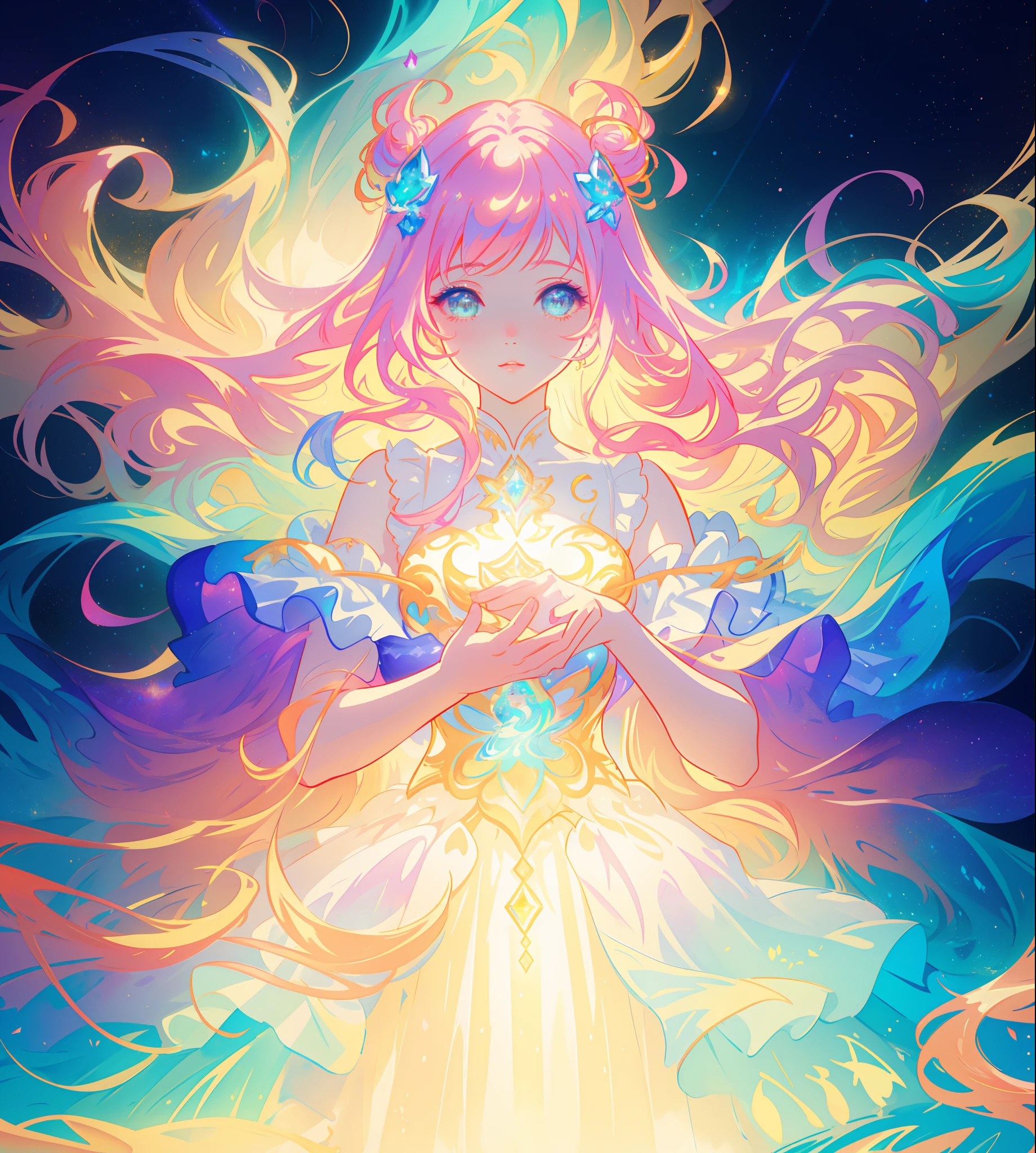 beautiful girl, puffy tiered ballgown, vibrant pastel colors, (colorful), glowing golden long hair, magical lights, sparkling magical liquid, inspired by Glen Keane, inspired by Lois van Baarle, disney art style, by Lois van Baarle, glowing aura around her, by Glen Keane, jen bartel, glowing lights! digital painting, flowing glowing hair, glowing flowing hair, beautiful digital illustration, fantasia background, whimsical, magical, fantasy, ((beautiful face)), ((masterpiece, best quality)), intricate details, highly detailed, sharp focus, 8k resolution, sparkling detailed eyes, liquid watercolor