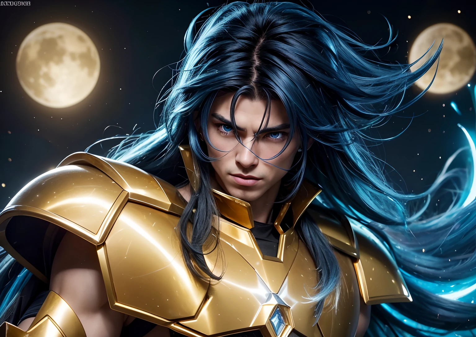 Cinematic stunningly detailed and ultra-realistic Saga go gemini of Saint Seiya. Close up. He is waring pretty realistic golden armor. Bright golden armor. Detailed gold armor. Octane is the perfect tool to capture the softest details of this 16k photography masterpiece. He is a handsome caucasian man about 40 years old. 1boy. Beautiful face. Caucasian man. Detailed face. Beautiful nose. (Pretty blue eyes). Perfect eyes. Shaved. Diamond face. He has a long messy straight blue hair and bands. ((Shaved)). He is staring his enemy. Multiple stars at night background.