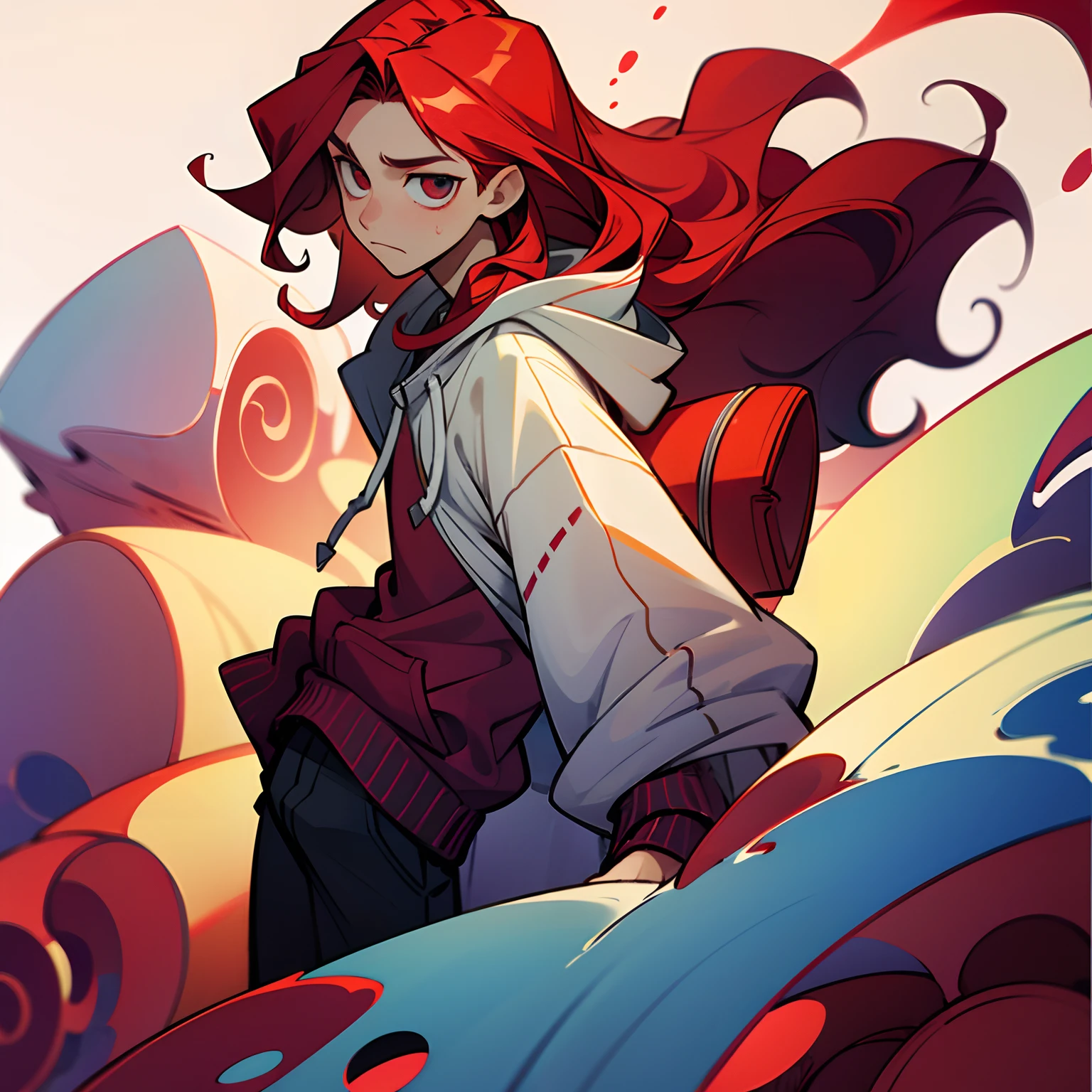 1 boy, ((solo)), teenage boy, long wavy red hair, white hoodie, big body, wine eyes, neutral face expression, ink effects