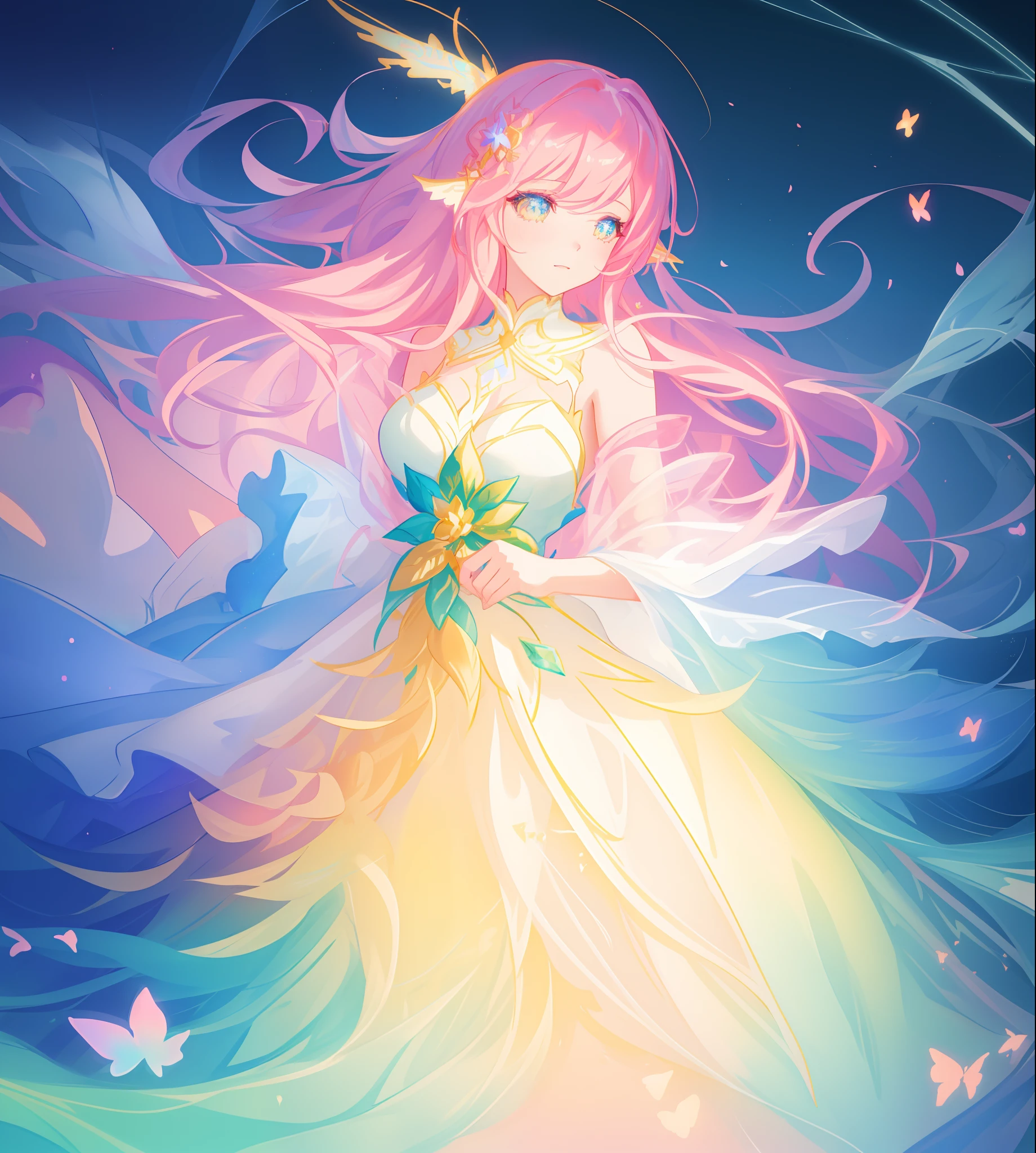 beautiful girl, puffy tiered ballgown, vibrant pastel colors, (colorful), glowing golden long hair, magical lights, sparkling magical liquid, inspired by Glen Keane, inspired by Lois van Baarle, disney art style, by Lois van Baarle, glowing aura around her, by Glen Keane, jen bartel, glowing lights! digital painting, flowing glowing hair, glowing flowing hair, beautiful digital illustration, fantasia background, whimsical, magical, fantasy, ((beautiful face)), ((masterpiece, best quality)), intricate details, highly detailed, sharp focus, 8k resolution, sparkling detailed eyes, liquid watercolor