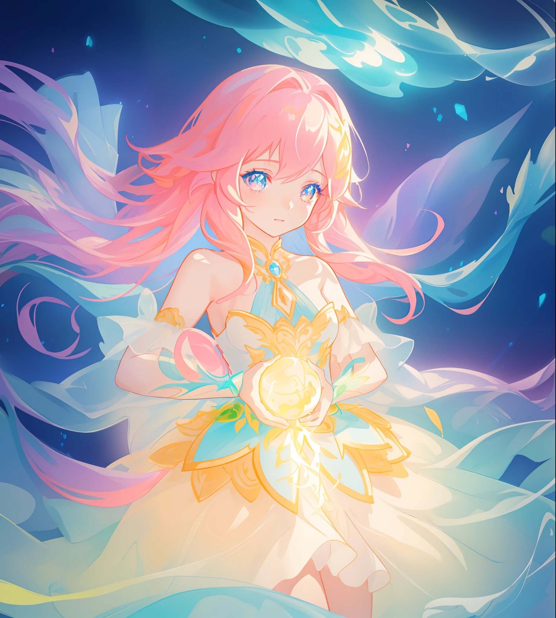 beautiful girl, puffy tiered ballgown, vibrant pastel colors, (colorful), glowing golden long hair, magical lights, sparkling magical liquid, inspired by Glen Keane, inspired by Lois van Baarle, disney art style, by Lois van Baarle, glowing aura around her, by Glen Keane, jen bartel, glowing lights! digital painting, flowing glowing hair, glowing flowing hair, beautiful digital illustration, fantasia background, whimsical, magical, fantasy, ((beautiful face)), ((masterpiece, best quality)), intricate details, highly detailed, sharp focus, 8k resolution, sparkling detailed eyes, liquid watercolor