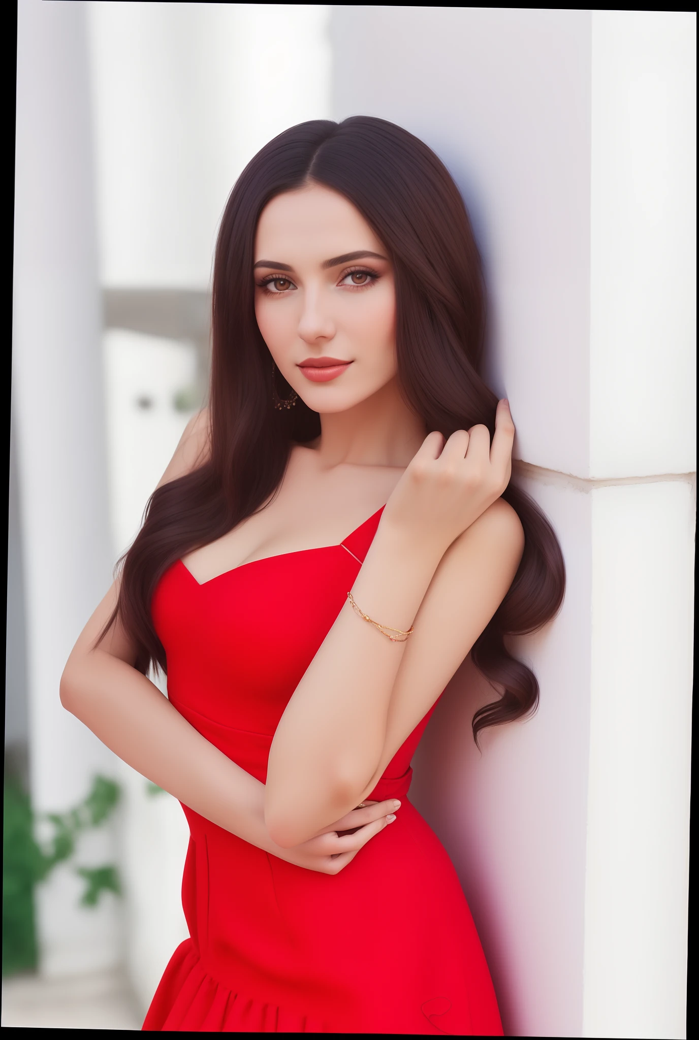 off-shoulder , long wet hair, deep cleavage, red dress, office, crowd, wild hair, mermaid