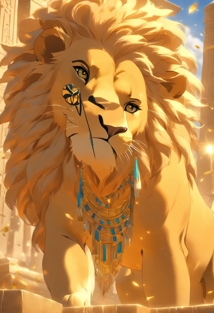 (((Lioneskin Goddess))) best quality, very high resolution, 4K detailed CG, masterpiece, Egyptian mythology, Seshat, black woman, sun in the background, Ancient Egypt, Egyptian temple, lioness skin, Egyptian clothing , desert, Ancient Egypt, Egyptian mythology, ((lioness skin)), Egyptian palace, aesthetics, beautiful image, centered on screen, standing pose