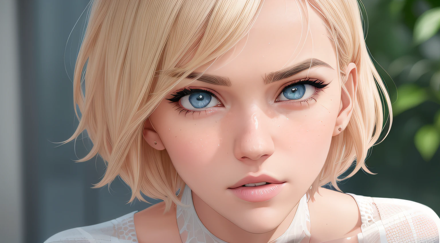 Gwen Stacy, Minar, dentes desabados;, serious face, Capuz, cabelos loiros, Dutch angle, olhos proporcionais, (Realistic:1.5), extremamente detalhado, hiper detalhado, soft lighting, Antecedentes detalhados, fundo de detalhes extremos, Sharp details, beautiful face, symmetric eyes, cabelos ruivos curtos, short hair, red hair, olhos verdes, Woman, alta qualidade, (corpo inteiro:1.3),