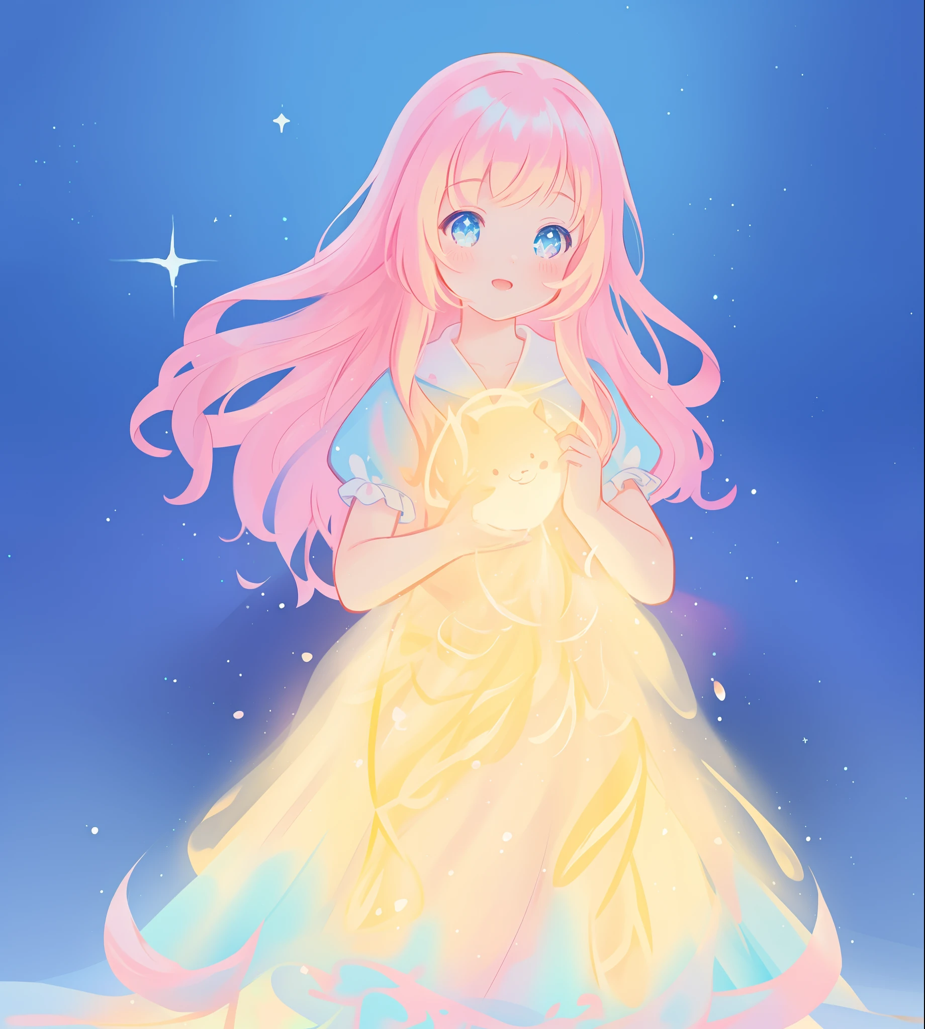 beautiful girl, puffy tiered ballgown, vibrant pastel colors, (colorful), glowing golden long hair, magical lights, sparkling magical liquid, inspired by Glen Keane, inspired by Lois van Baarle, disney art style, by Lois van Baarle, glowing aura around her, by Glen Keane, jen bartel, glowing lights! digital painting, flowing glowing hair, glowing flowing hair, beautiful digital illustration, fantasia background, whimsical, magical, fantasy, ((beautiful face)), ((masterpiece, best quality)), intricate details, highly detailed, sharp focus, 8k resolution, sparkling detailed eyes, liquid watercolor