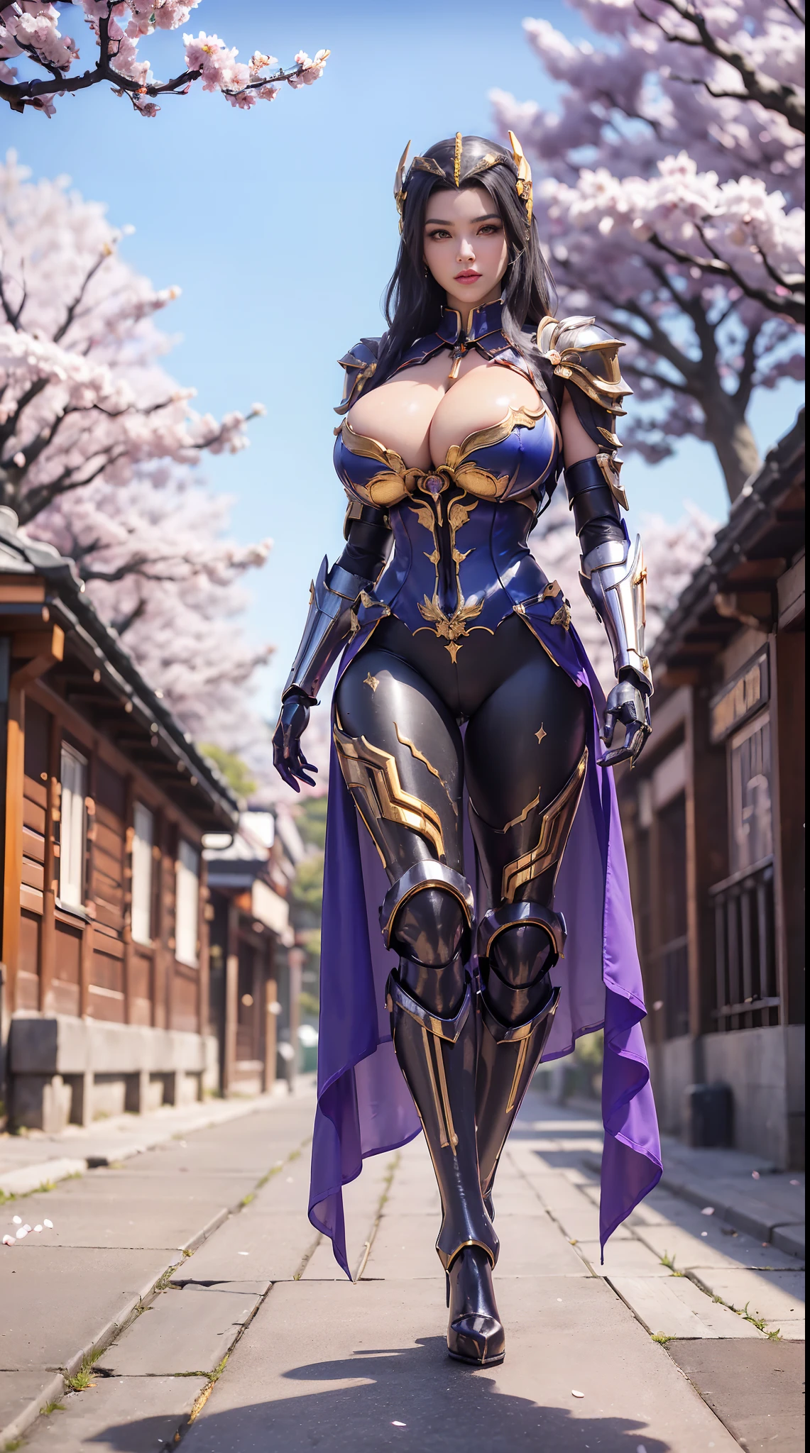 1GIRL, SOLO, (ssmile, makeup, beautifull eyes), (golden dragon horn helmet:1.4), (BIG BUTTOCKS, HUGE BOOBS:1.4), (DRAGON GUARD ARM, GLOVES), (purple, black), (MECHA CYBER SHINY ARMOR SUIT, ROYAL CAPE, CLEAVAGE, MECHA SKINTIGHT PANTS, GUARD ARMOR LEGS, HIGH HEELS:1.4), (MUSCULAR BODY, SEXY LONG LEGS, FULL BODY:1.5), (MUSCLE ABS:1.2), (LOOKING AT VIEWER:1), (WALKING DOWN ON STREET CHERRY TREES IN THE MORNING:1.3), PHYSICALLY-BASED RENDERING, ULTRA HIGHT DEFINITION, 8K, 1080P.