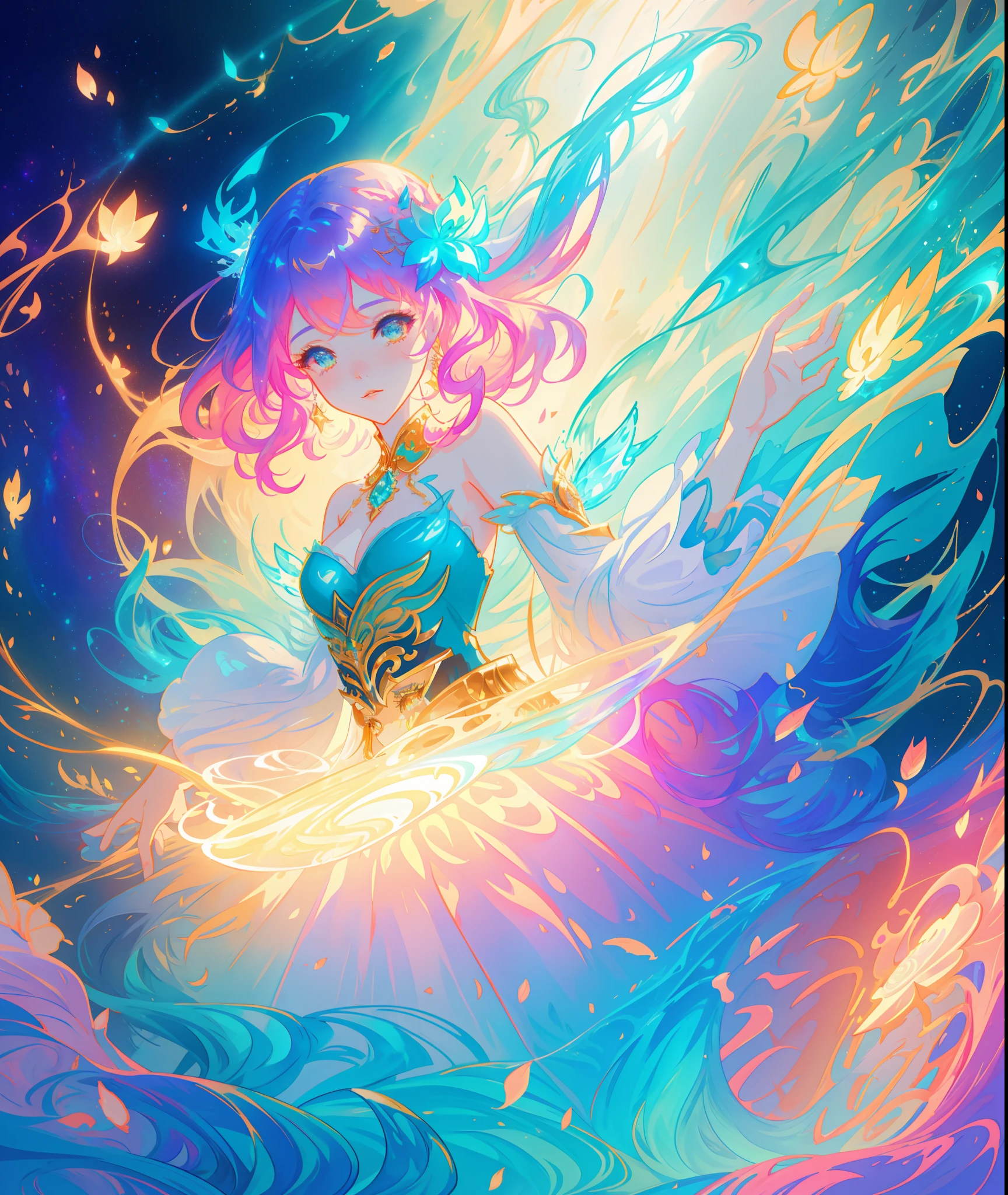 beautiful girl, puffy tiered ballgown, otherworldly forest landscape, vibrant pastel colors, (colorful), glowing golden long hair, magical lights, sparkling magical liquid, inspired by Glen Keane, inspired by Lois van Baarle, disney art style, by Lois van Baarle, glowing aura around her, by Glen Keane, jen bartel, glowing lights! digital painting, flowing glowing hair, glowing flowing hair, beautiful digital illustration, fantasia background, whimsical, magical, fantasy, ((beautiful face)), ((masterpiece, best quality)), intricate details, highly detailed, sharp focus, 8k resolution, sparkling detailed eyes, liquid watercolor