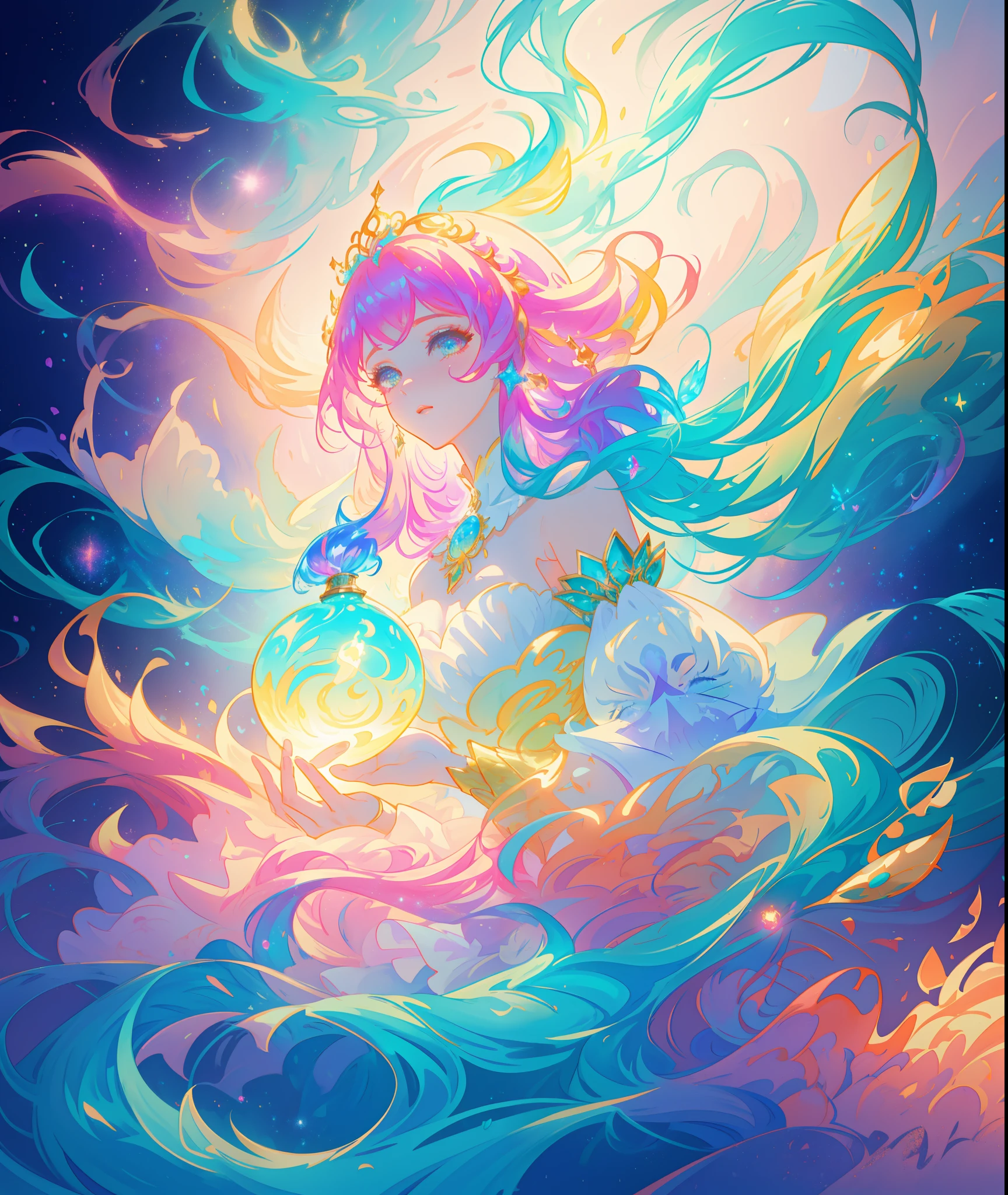 beautiful girl, puffy tiered ballgown, otherworldly forest landscape, vibrant pastel colors, (colorful), glowing golden long hair, magical lights, sparkling magical liquid, inspired by Glen Keane, inspired by Lois van Baarle, disney art style, by Lois van Baarle, glowing aura around her, by Glen Keane, jen bartel, glowing lights! digital painting, flowing glowing hair, glowing flowing hair, beautiful digital illustration, fantasia background, whimsical, magical, fantasy, ((beautiful face)), ((masterpiece, best quality)), intricate details, highly detailed, sharp focus, 8k resolution, sparkling detailed eyes, liquid watercolor