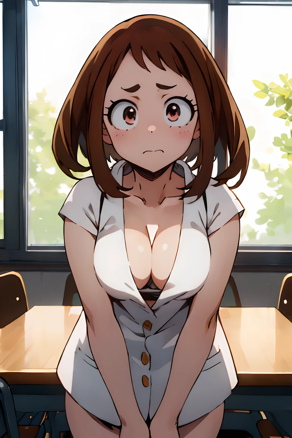 masterpiece, best quality, highres, ochako uraraka, solo, ((cowboy shot)), detiled eyes, big boobs, (in a classroom), ((cleavage)), white shirt, downblouse, bangs, 3/4 profile, looking at viewer, ((side eye))