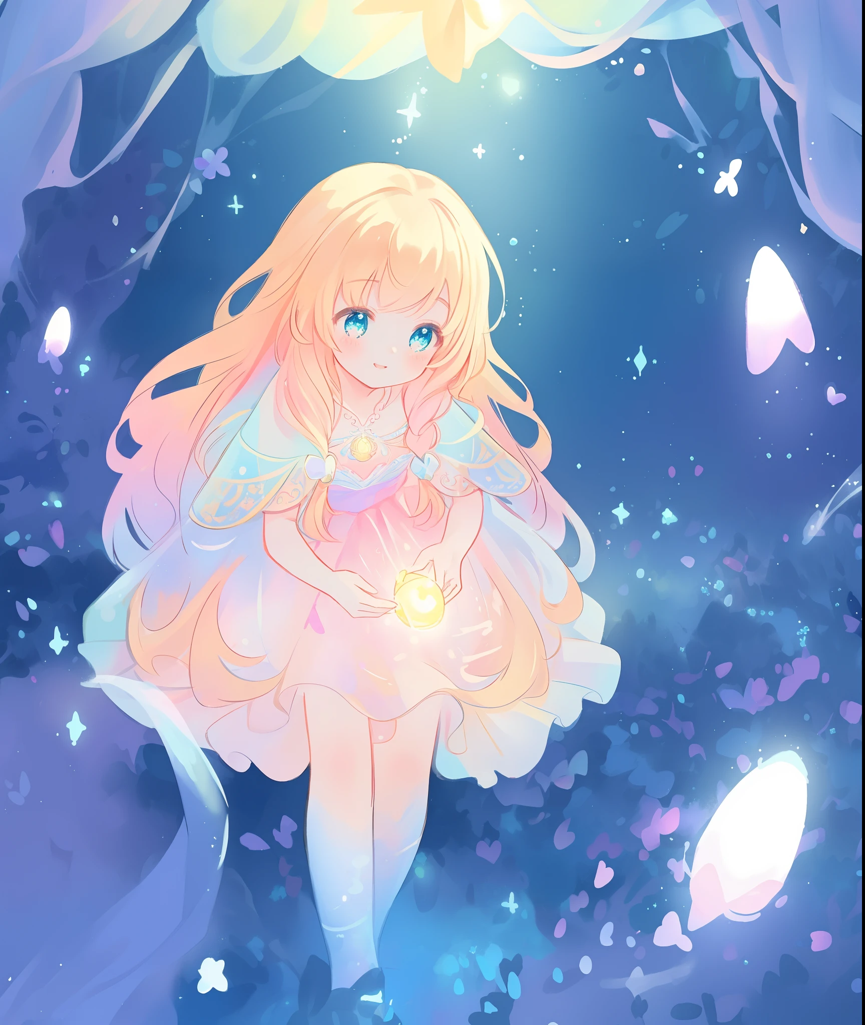 beautiful girl, puffy tiered ballgown, otherworldly forest landscape, vibrant pastel colors, (colorful), glowing golden long hair, magical lights, sparkling magical liquid, inspired by Glen Keane, inspired by Lois van Baarle, disney art style, by Lois van Baarle, glowing aura around her, by Glen Keane, jen bartel, glowing lights! digital painting, flowing glowing hair, glowing flowing hair, beautiful digital illustration, fantasia background, whimsical, magical, fantasy, ((beautiful face)), ((masterpiece, best quality)), intricate details, highly detailed, sharp focus, 8k resolution, sparkling detailed eyes, liquid watercolor