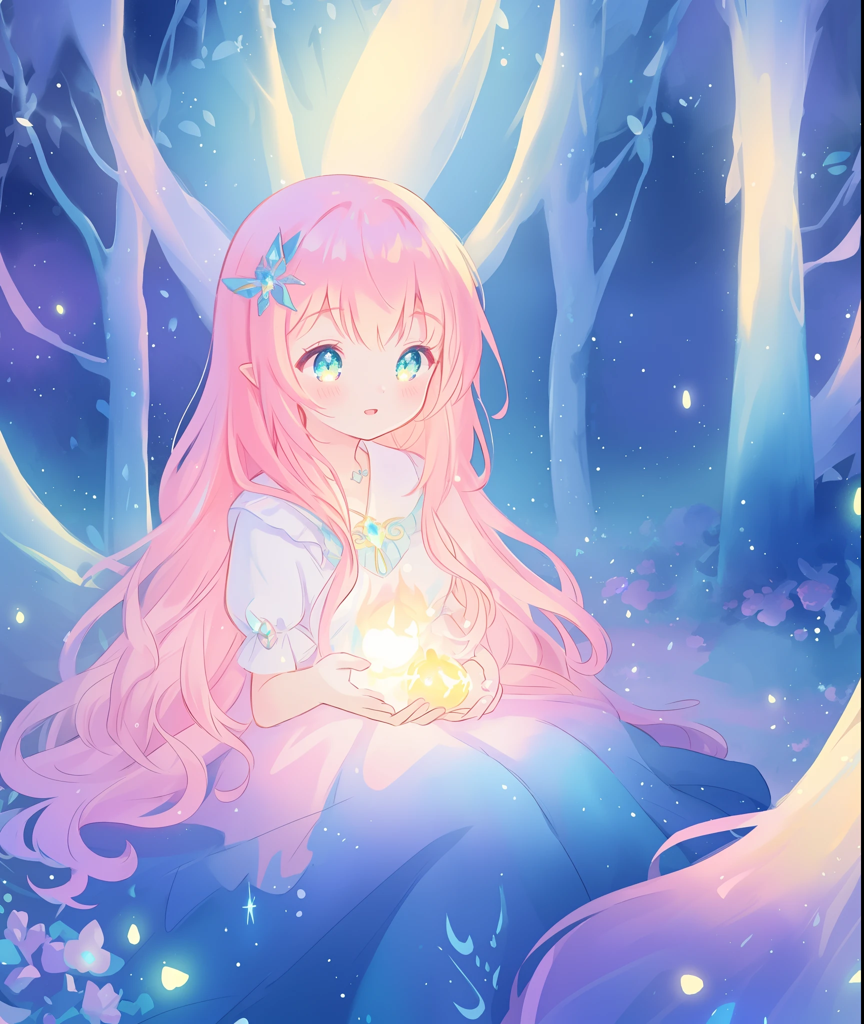 beautiful girl, puffy tiered ballgown, otherworldly forest landscape, vibrant pastel colors, (colorful), glowing golden long hair, magical lights, sparkling magical liquid, inspired by Glen Keane, inspired by Lois van Baarle, disney art style, by Lois van Baarle, glowing aura around her, by Glen Keane, jen bartel, glowing lights! digital painting, flowing glowing hair, glowing flowing hair, beautiful digital illustration, fantasia background, whimsical, magical, fantasy, ((beautiful face)), ((masterpiece, best quality)), intricate details, highly detailed, sharp focus, 8k resolution, sparkling detailed eyes, liquid watercolor