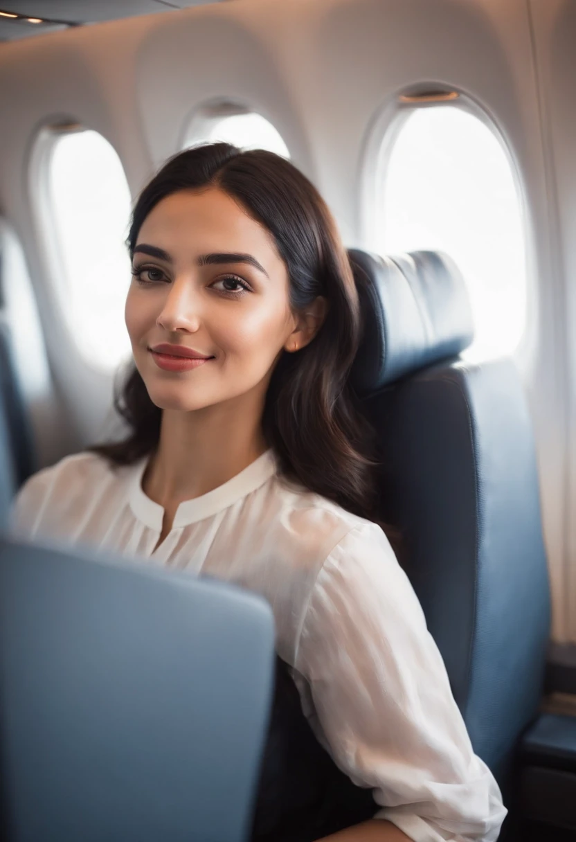 Wearing holidays fashion, upper body, summer trend, setting in a commercial aircraft seat, looking down and smiling, looking into the window, black hair bundled at the back for a long time, still young and very cute Moroccan female traveler