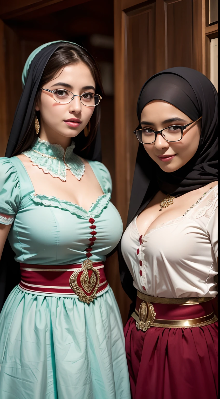 (iu:0.8).cleavage, RAW, Best quality, high resolution, Masterpiece: 1.3, two Beautiful glasses hijabi java girls wearing sexy dirndl, Masterpiece, Soft smile