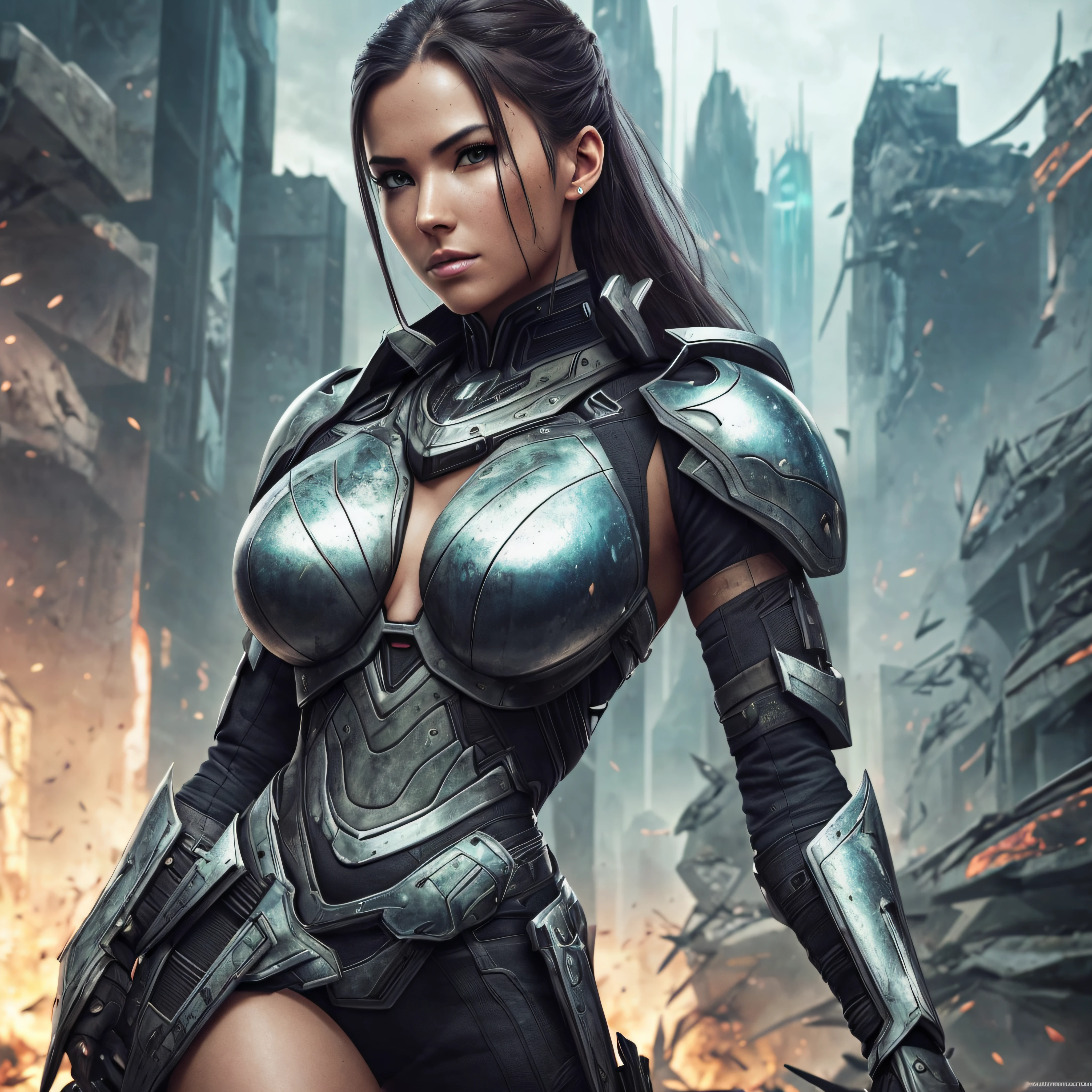 Medium shot photo of sexy female cyborg in scarred and discolored futuristic armor in destroyed futuristic city, Fantasy, scientific fiction, beautiful woman face, Seductive, sexual, myst, vivid seductive eyes, Dramatic, masterpiece of best quality, Photorealistic, Detailed, 8K, nffsw, Shallow depth of field, Cinematic lighting, bloom, light glow, chromatic abberation, Sharp Focus --auto