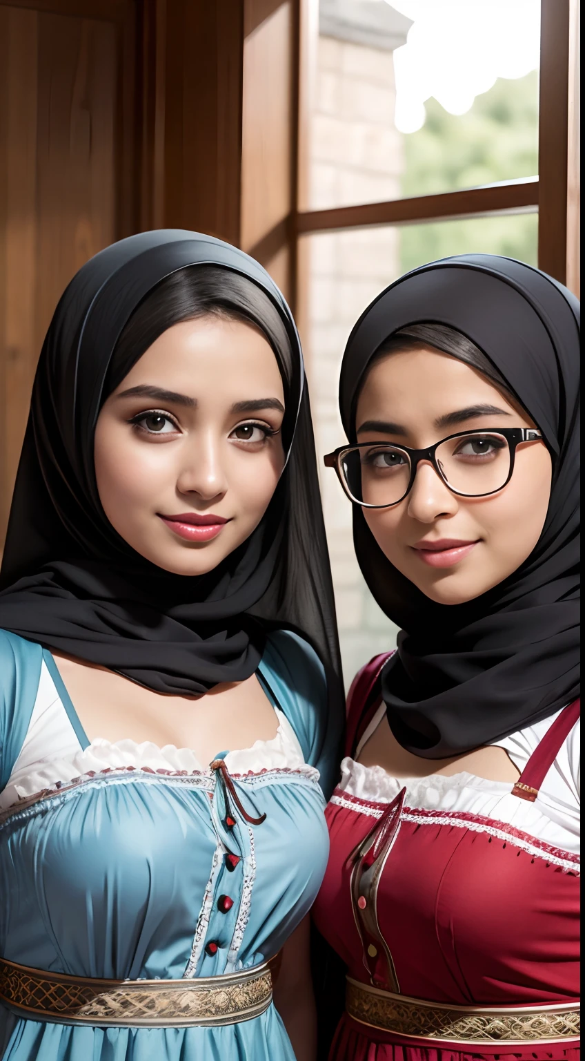 (iu:0.8).cleavage, RAW, Best quality, high resolution, Masterpiece: 1.3, two Beautiful glasses hijabi java girls wearing sexy carnival, Masterpiece, Soft smile