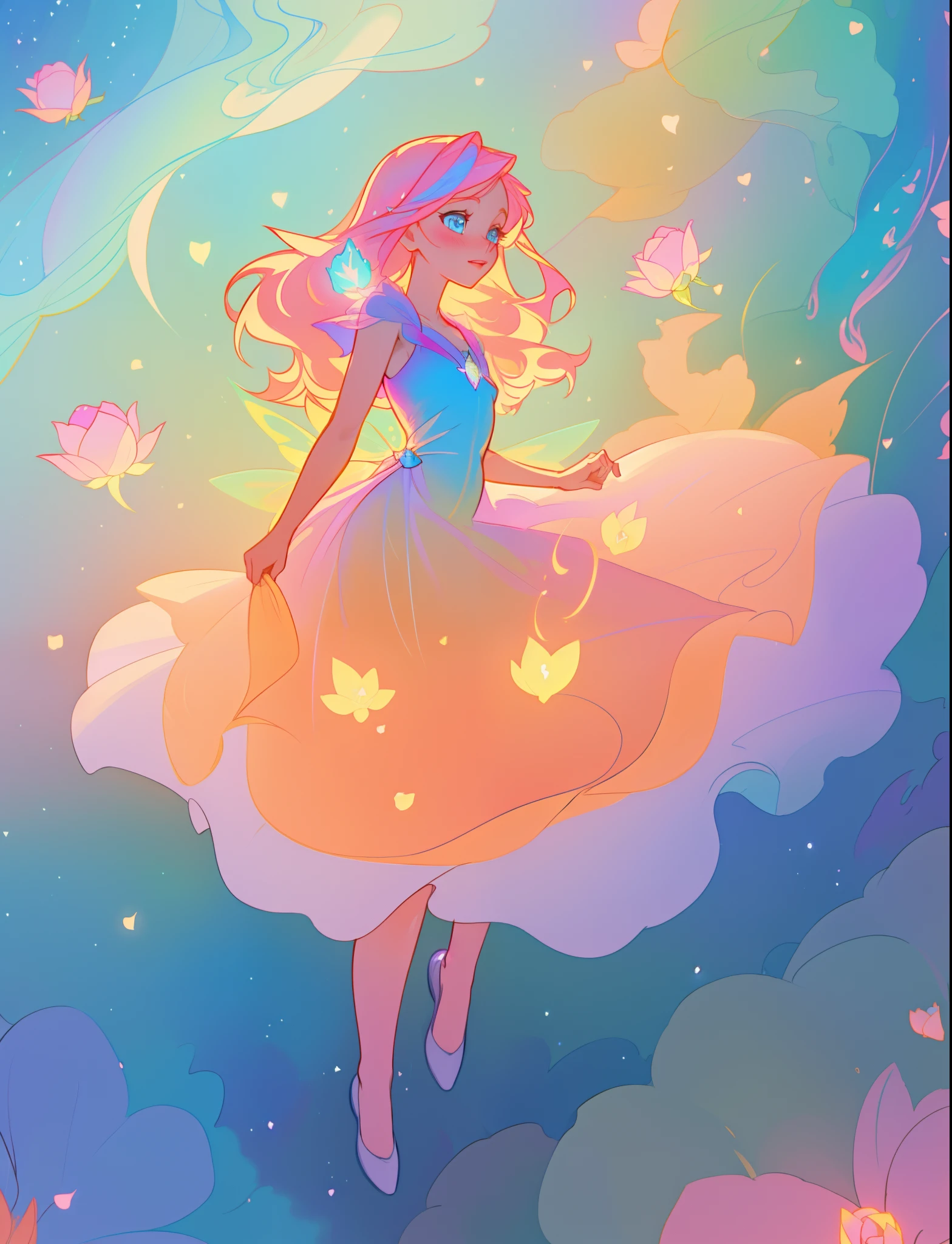 beautiful girl, tiered flower fairy dress, fairy queen, fairy wings, pixie gown, dress shaped like a rose, vibrant pastel colors, (colorful), glowing golden long hair, magical lights, sparkling magical liquid, inspired by Glen Keane, inspired by Lois van Baarle, disney art style, by Lois van Baarle, glowing aura around her, by Glen Keane, jen bartel, glowing lights! digital painting, flowing glowing hair, glowing flowing hair, beautiful digital illustration, fantasia background, whimsical, magical, fantasy, ((beautiful face)), ((masterpiece, best quality)), intricate details, highly detailed, sharp focus, 8k resolution, sparkling detailed eyes, liquid watercolor