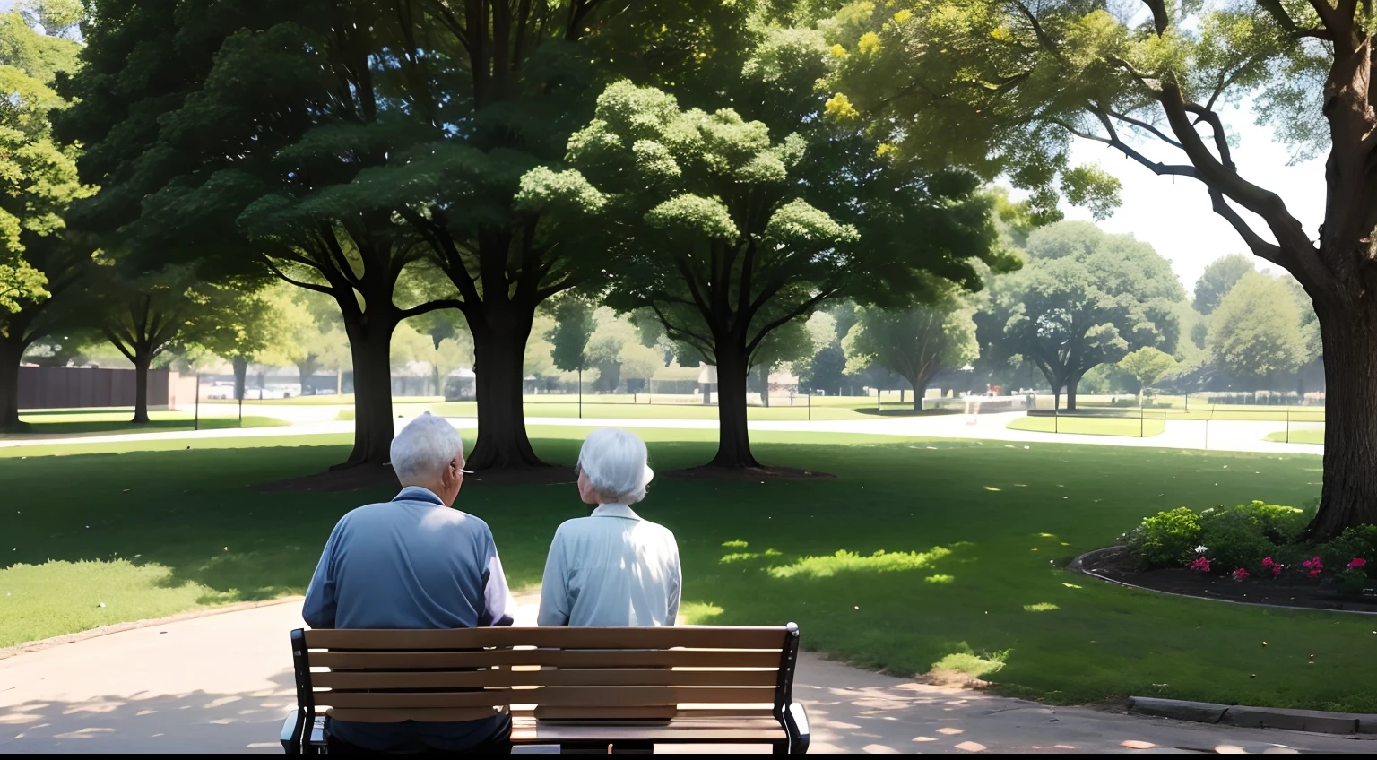 High-definition photos、A laid-back and peaceful park surrounded by crises、There is a lawn、Bench available、Elderly couple sitting on bench、Elderly couple with their backs turned、Soft afternoon sunshine、Eye level、They seem to be doing well、Quiet time、Fun atmosphere。