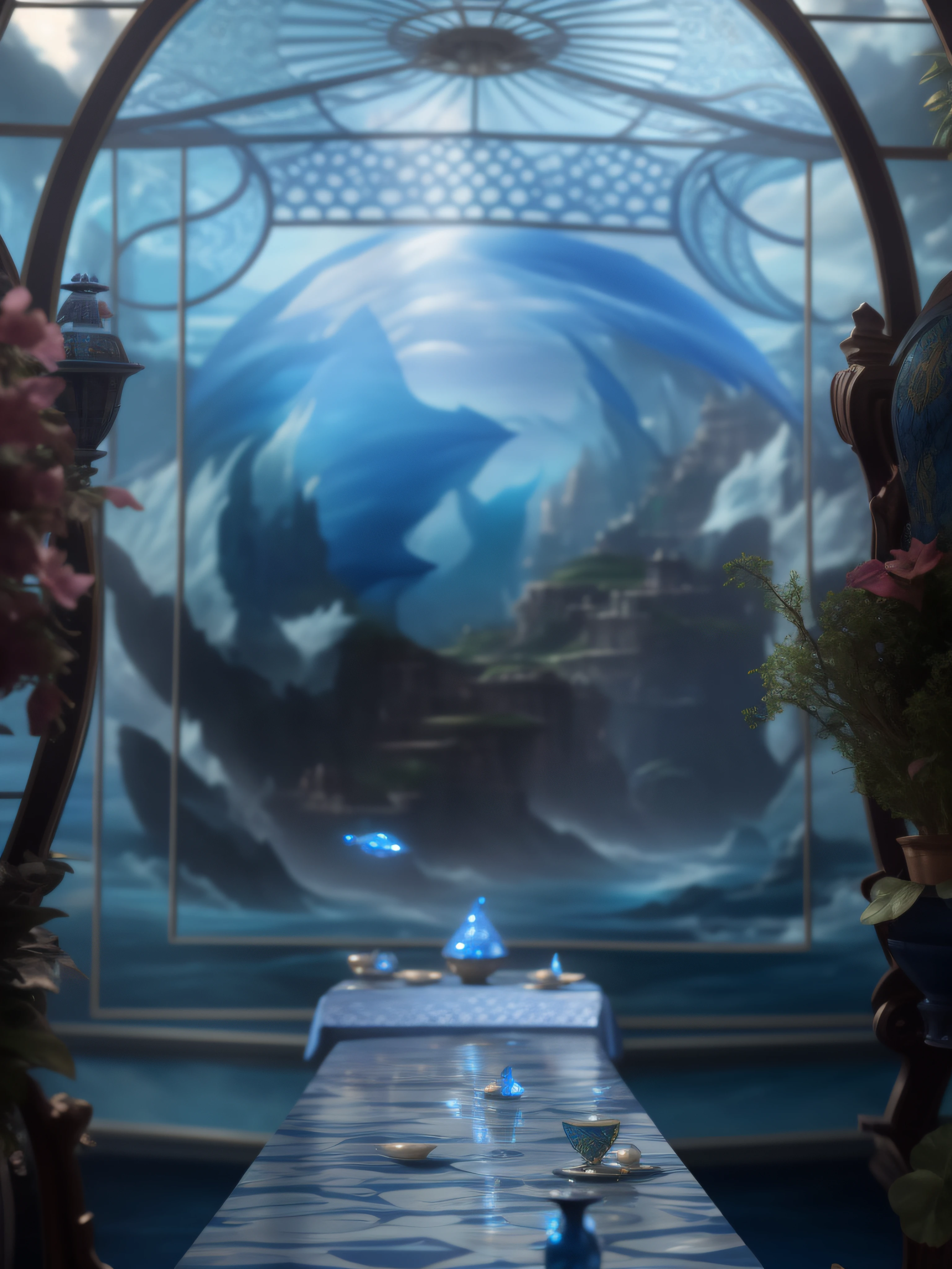 There is a table，It has a blue tablecloth and a blue tablecloth, highly detailed surreal vfx, closeup cinematic aquatic scene, matte painting arcane dota pixar, elaborate matte painting, art nouveau octane render, Surrealism 8k, intricate matte painting, surreal sci fi set design, surreal matte painting, hyperdetailed 3d matte painting, hyperdetailed 3d matte painting
