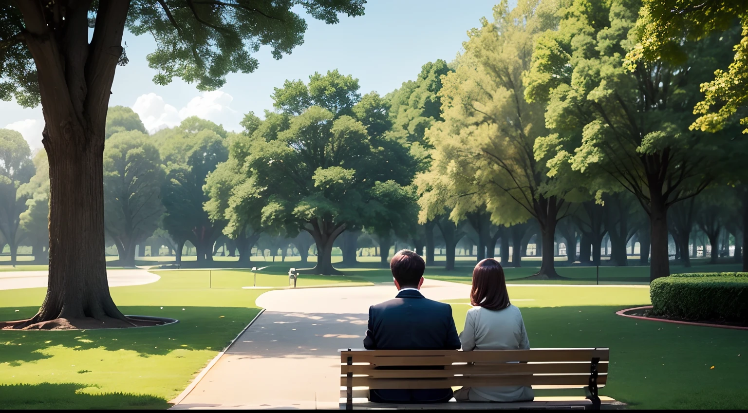 High-definition photos、A relaxing and peaceful park surrounded by crises、There is a lawn、There is a bench、Middle aged couple sitting on bench、Couple has their backs to each other、Soft afternoon sunshine、Eye level、They seem to get along well、Quiet time、Fun atmosphere。