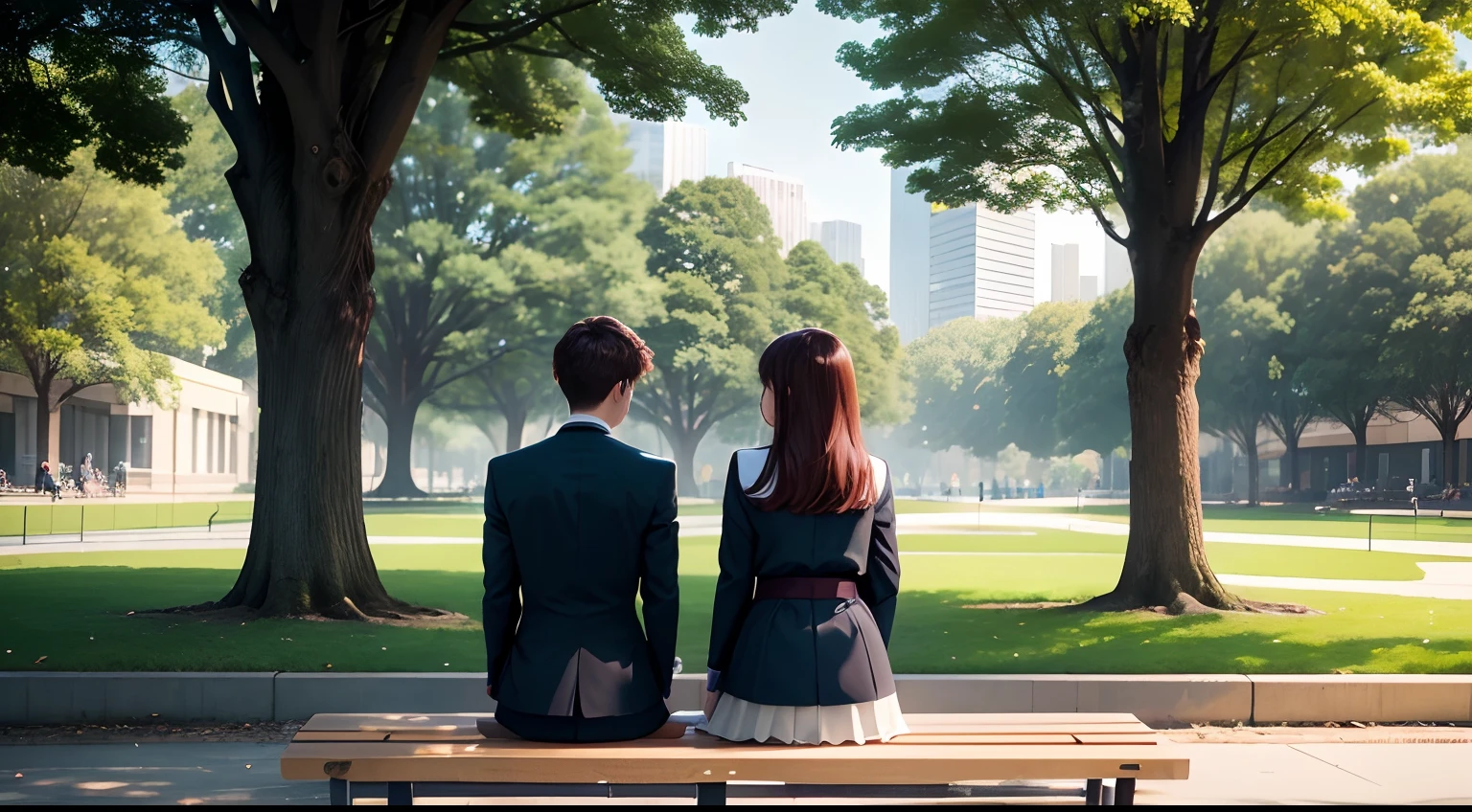 High-definition photos、A relaxing and peaceful park surrounded by crises、There is a lawn、There is a bench、Couple of high school students sitting on bench、Couple has their backs to each other、Wearing a high school uniform、Soft afternoon sunshine、Eye level、They seem to get along well、Quiet time、Fun atmosphere。