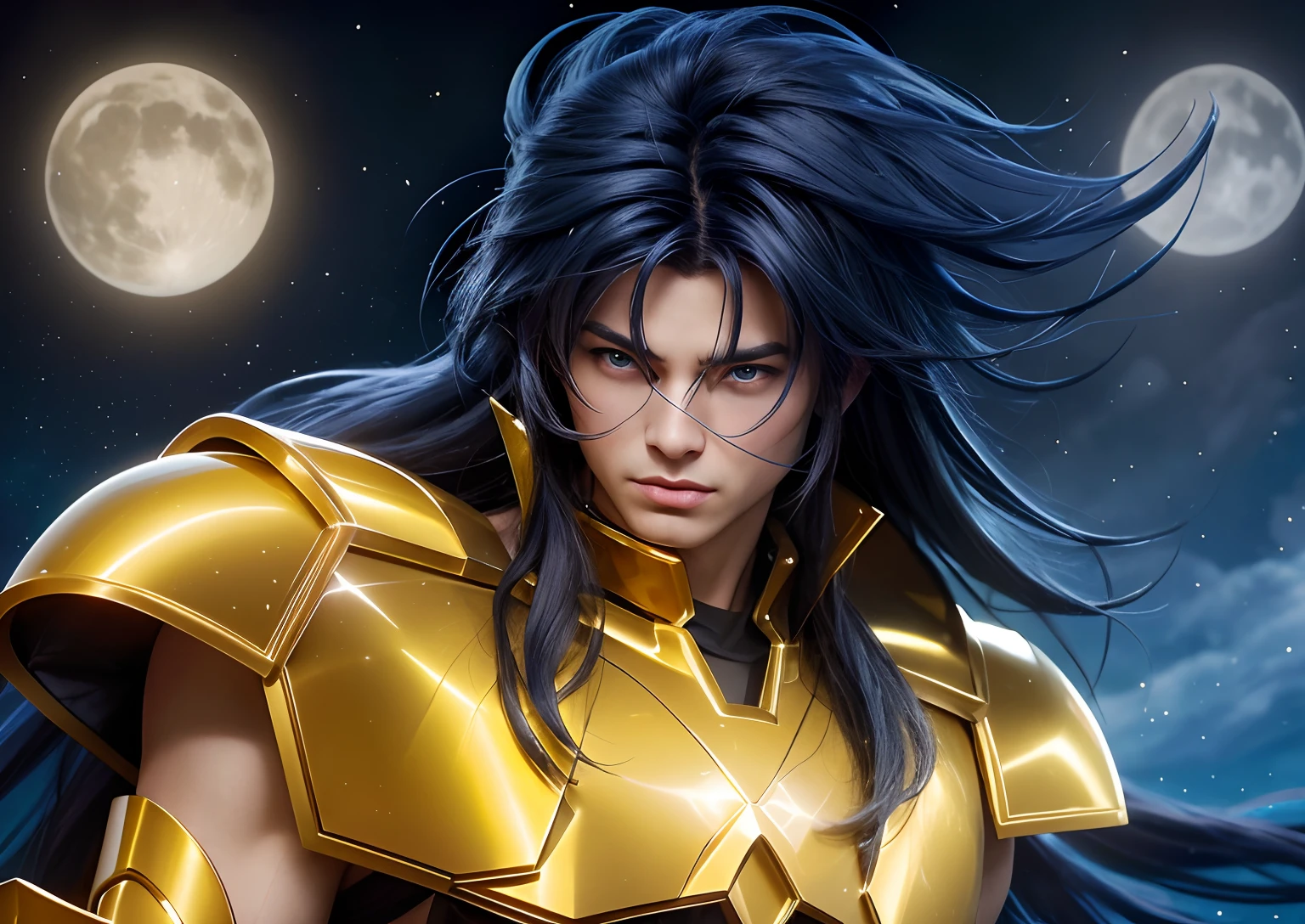 Cinematic stunningly detailed and ultra-realistic Saga go gemini of Saint Seiya. Close up. He is waring pretty realistic golden armor. Bright golden armor. Detailed gold armor. Octane is the perfect tool to capture the softest details of this 16k photography masterpiece. He is a handsome caucasian man about 40 years old. 1boy. Beautiful face. Caucasian man. Detailed face. Beautiful nose. (Pretty blue eyes). Perfect eyes. Shaved. Diamond face. He has a long messy straight blue hair and bands. ((Shaved)). He is staring his enemy. Multiple stars at night background.