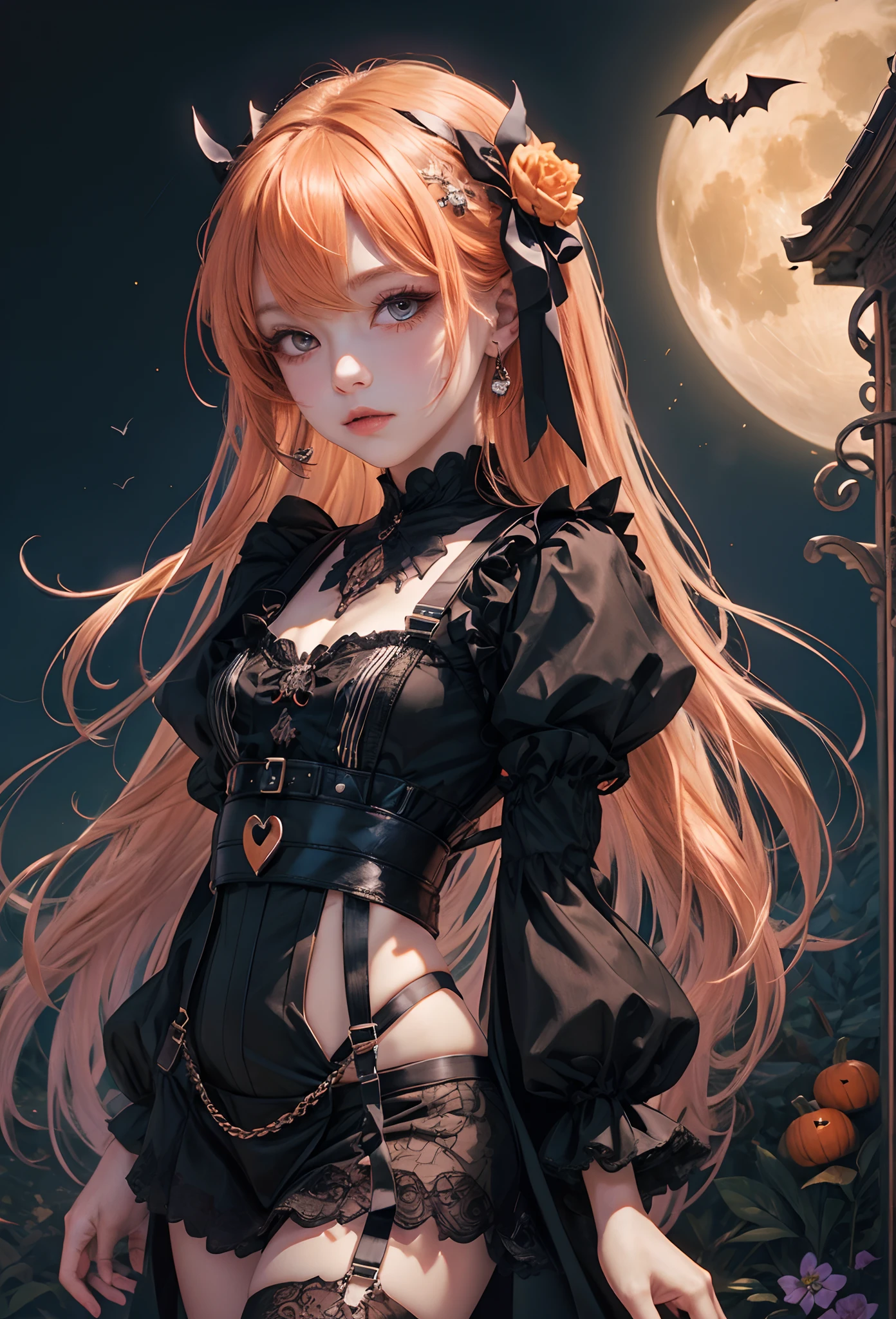 (Detailed illustrations,Very detailed and detailed drawing,Delicate lines with slow and rapid,Realistic texture expression),[Color tressed main line],[[Skull Moon] Midnight Graveyard [[ghosting]]],[HENTAI] kawaii ((anime) Girl (Pretty) 13years [SKINNY [morbid]]) (Light orange hair [Trimmed bangs]) ((magical  girl) pumpkins [Jack Lantern]),([the bats] Head dress) (Torn and holed Cape dress shirt (Ren Hao (frilld) bow ribbon)] (suspenders)[Black culotte skirt] [overknee socks [Stripes]] [lacy fabric:0.8])[[Eyeball Accessories]][[Splicing][seam] [Eye patches, bandages, adhesive plasters]],Transparency [Soft ambient light] gravure [[Halloween]][Colorful],(Intricate and beautiful decoration [Dense detail]),(Fine and beautiful skin expression [Transparency]),[Perfect eye details (Iris beautifully drawn in every detail)[Jewel-like eyes]],[long and beautiful eyelashes],[Meticulously drawn hair [More on beautiful and shiny hair]],(Perfect hand details [Beautiful fingers without breakdowns [Beautiful nails]]),(Perfect Anatomy (Perfectly proportioned)) [[Full body like]],[Ideal color coordination(Accurate simulation of light-material interactions)],(HighQuality,[Precision Detail] hight resolution,(detaileds,high-detail)),[[Pale and gentle colors]][Visual art that conveys a sense of narrative] [[Eros in the Natural Body]].