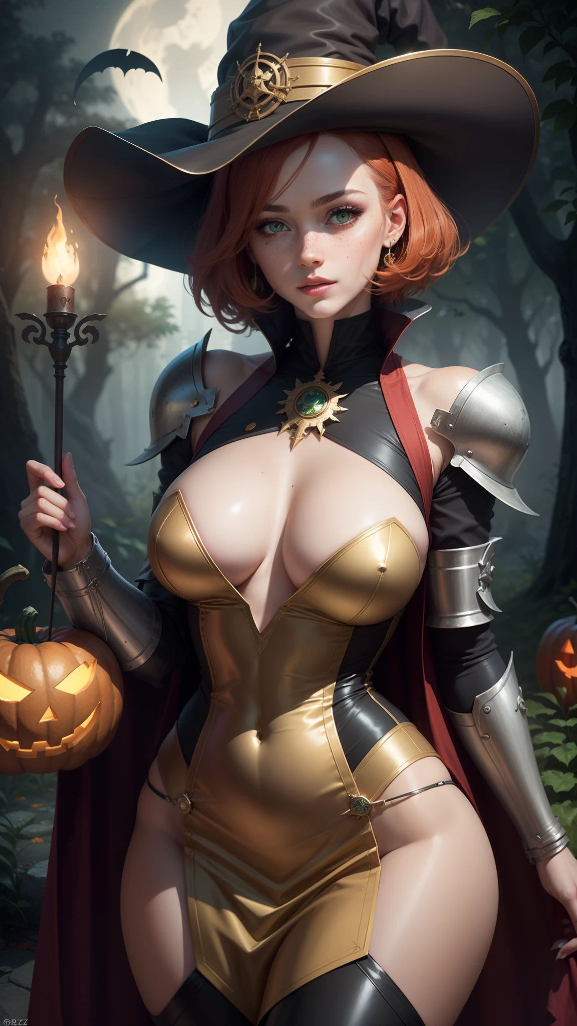 gwen tennyson,eula lawrence,yoruichi, rebecca chambers,dragon's crown, atelier ryza,1girl,close up,mecha pilot,halloween forest,gold and silver plugsuit,hair pin,pirate corset, steel long sleeve silk top,steel leggings, short hair,cute makeup,green eyes,red and gold hair,shy smile, freckles,redhead,beautiful girl,large breasts,ultra detailed,realistic,fantasy art,bodycon dress,steel armor,halloween pumpkin,moonlight,witch cloak,neck and head jewelry,witch hat,witch staff,