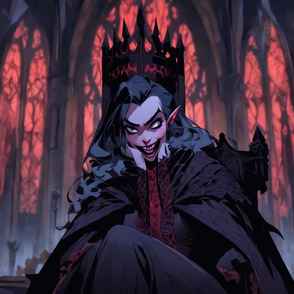 ((illustration of a female version of Strahd Von Zarovich in sexy gothic noble outfit sitting on a throne)), royal noble outfit, ((vampire)), has teeth fangs, long black hair, portrait, 8k resolution, masterpiece, high quality, ultra detailed eyes, 1girl, female focus, voluptuous figure, (angry smiling), vampiric features, teeth showing, vampire fangs, pale skin, elf ears, castle interior background, gothic theme, dungeons and dragons fantasy aesthetics, use Curse of Strahd visuals,