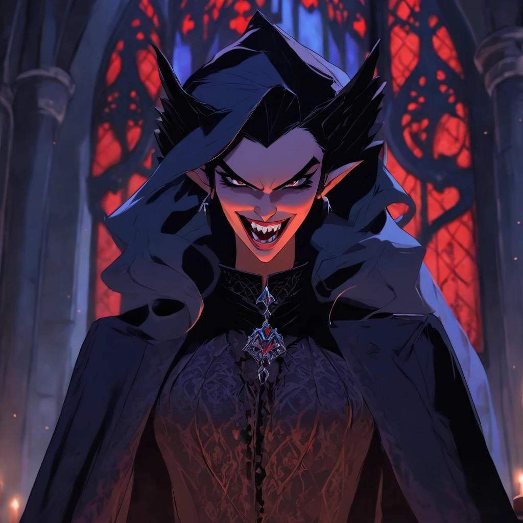 ((illustration of a female version of Strahd Von Zarovich in sexy gothic noble outfit sitting on a throne)), royal noble outfit, ((vampire)), has teeth fangs, long black hair, portrait, 8k resolution, masterpiece, high quality, ultra detailed eyes, 1girl, female focus, voluptuous figure, (angry smiling), vampiric features, teeth showing, vampire fangs, pale skin, elf ears, castle interior background, gothic theme, dungeons and dragons fantasy aesthetics, use Curse of Strahd visuals,