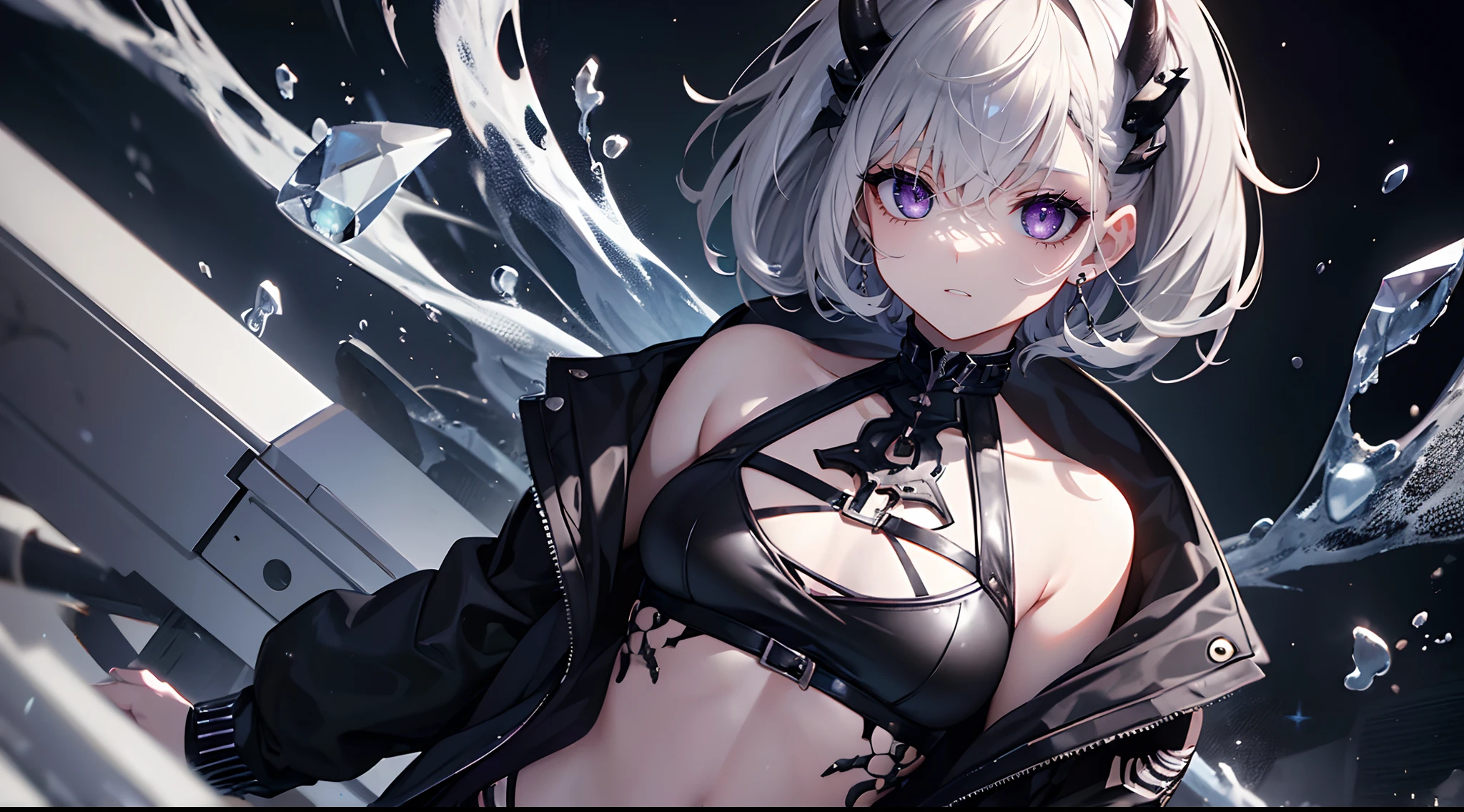 (Masterpiece,Best quality,Ultra-detailed),1girll,Dark Ambar hair,Short hair,(Messy hairstyle),oni horns,Gothpunk fashion, Beautiful and detailed face, Detailed eyes,(gray theme),view the viewer,Crop top,Jacket,Small chest,dust particles in the background