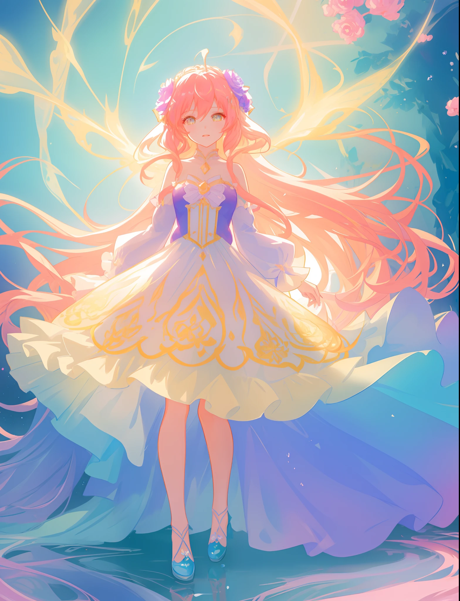 beautiful girl, puffy tiered flower fairy ballgown dress, vibrant pastel colors, (colorful), glowing golden long hair, magical lights, sparkling magical liquid, inspired by Glen Keane, inspired by Lois van Baarle, disney art style, by Lois van Baarle, glowing aura around her, by Glen Keane, jen bartel, glowing lights! digital painting, flowing glowing hair, glowing flowing hair, beautiful digital illustration, fantasia background, whimsical, magical, fantasy, ((beautiful face)), ((masterpiece, best quality)), intricate details, highly detailed, sharp focus, 8k resolution, sparkling detailed eyes, liquid watercolor