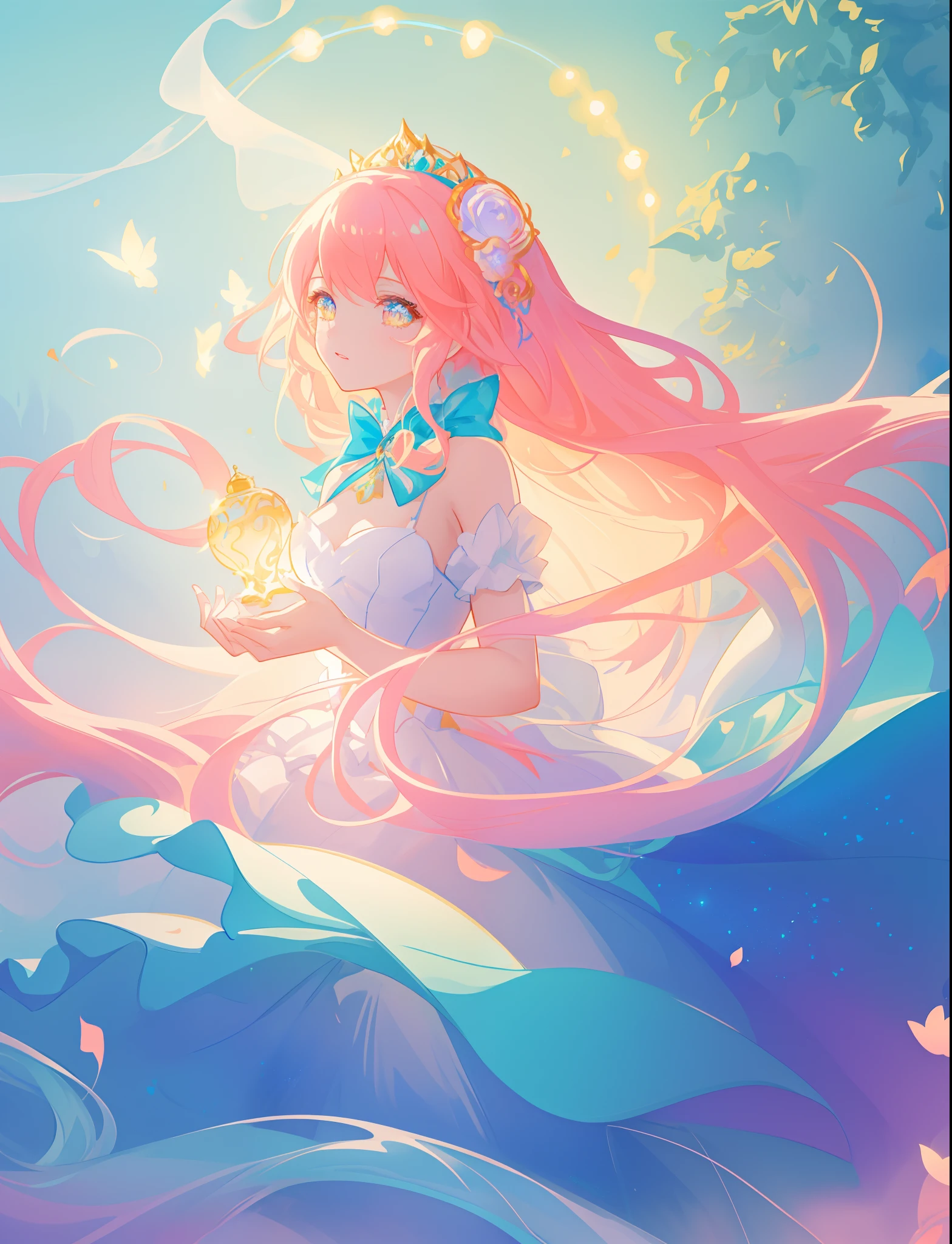 beautiful girl, puffy tiered flower fairy ballgown dress, vibrant pastel colors, (colorful), glowing golden long hair, magical lights, sparkling magical liquid, inspired by Glen Keane, inspired by Lois van Baarle, disney art style, by Lois van Baarle, glowing aura around her, by Glen Keane, jen bartel, glowing lights! digital painting, flowing glowing hair, glowing flowing hair, beautiful digital illustration, fantasia background, whimsical, magical, fantasy, ((beautiful face)), ((masterpiece, best quality)), intricate details, highly detailed, sharp focus, 8k resolution, sparkling detailed eyes, liquid watercolor